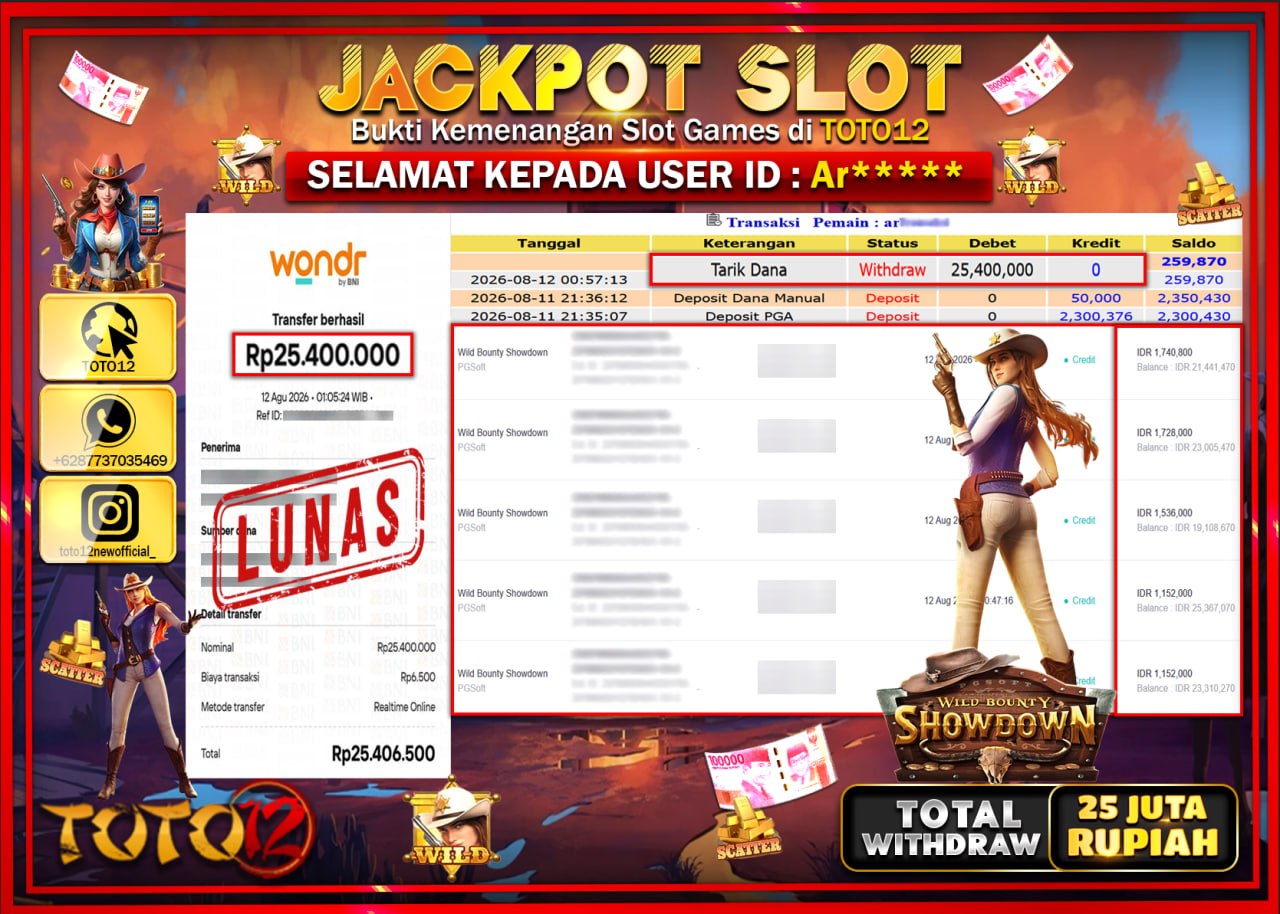 HANYA DI TOTO12 JP PASTI DI BAYAR LUNAS DAN CEPAT!!!!!! JACKPOT SLOT GAME (WILD BOUNTY SHOWDOWN) Rp25.400.000!!!!