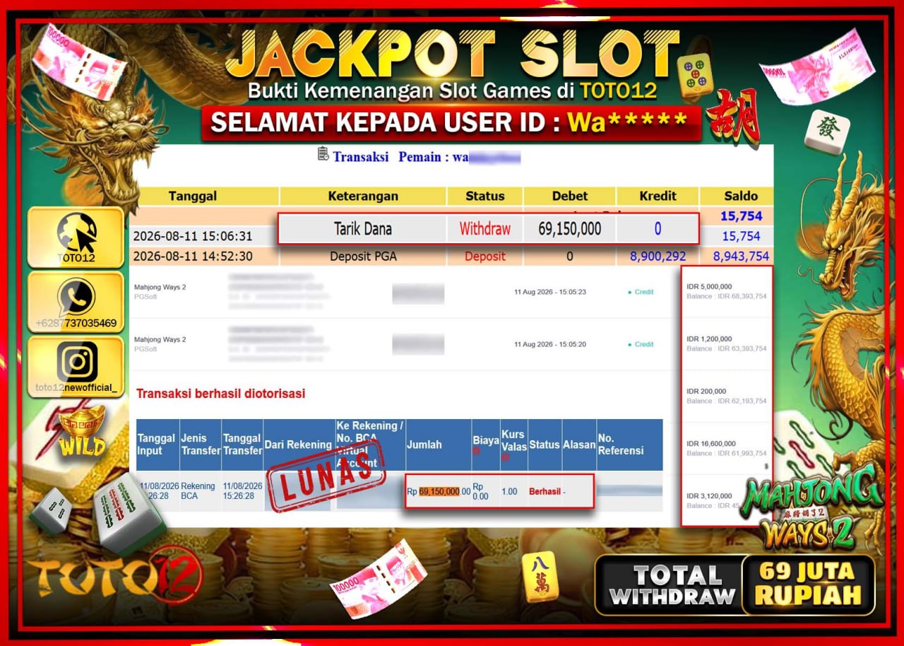 HANYA DI TOTO12 JP PASTI DI BAYAR LUNAS DAN CEPAT!!!!!! JACKPOT SLOT GAME (MAHJONG WAYS 2) Rp69.150.000!!!!
