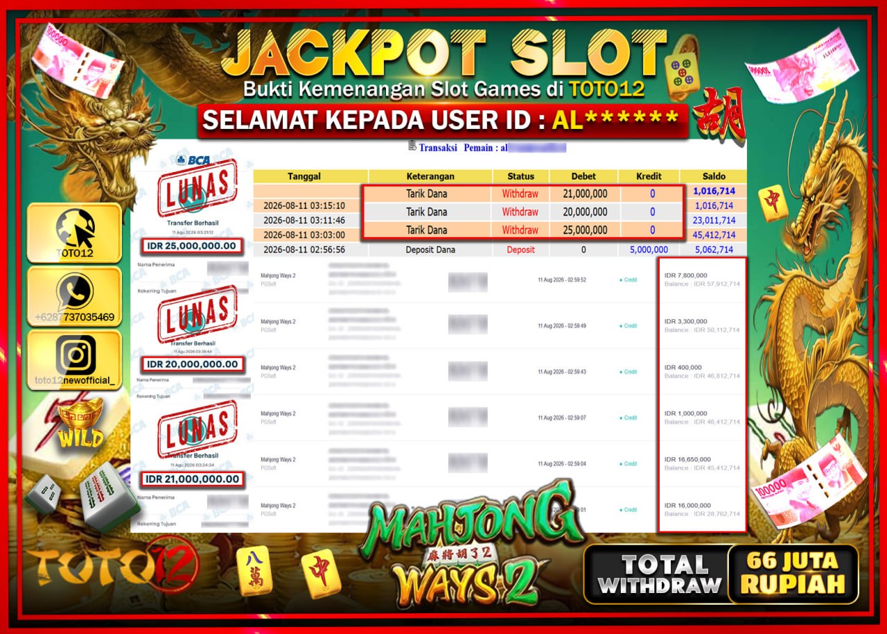 HANYA DI TOTO12 JP PASTI DI BAYAR LUNAS DAN CEPAT!!!!!! JACKPOT SLOT GAME (MAHJONG WAYS 2) Rp66.000.000!!!!