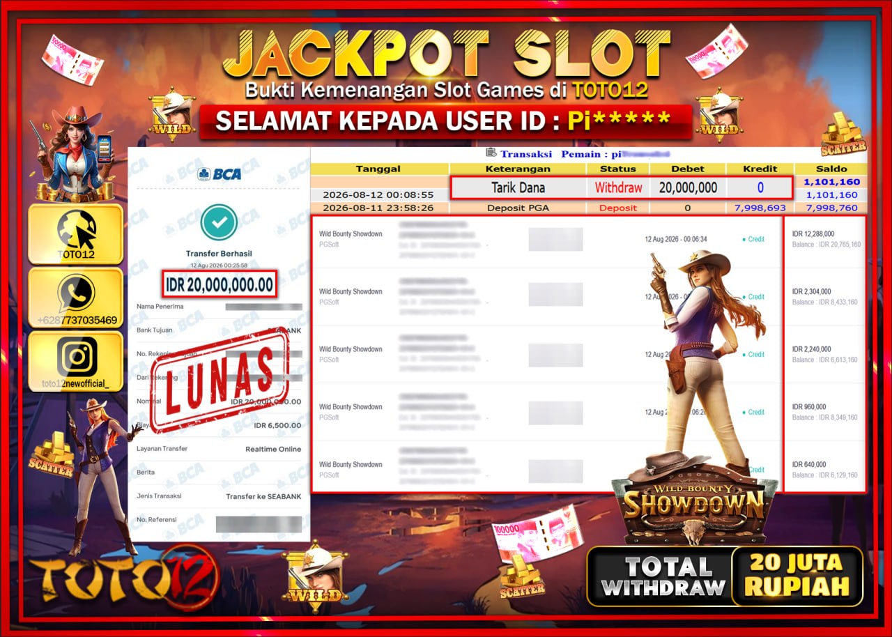 HANYA DI TOTO12 JP PASTI DI BAYAR LUNAS DAN CEPAT!!!!!! JACKPOT SLOT GAME (WILD BOUNTY SHOWDOWN) Rp20.000.000!!!!
