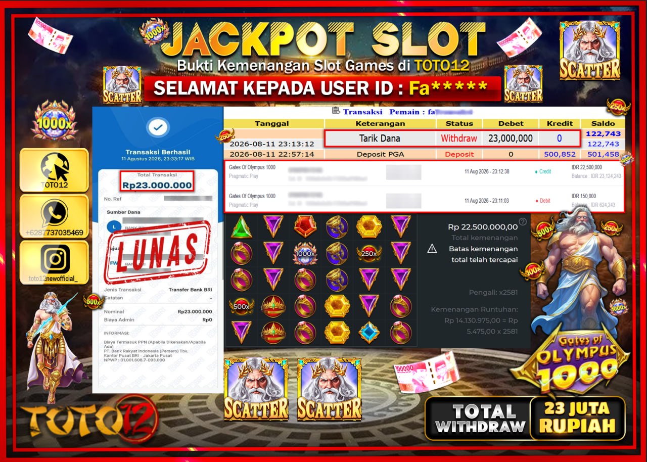HANYA DI TOTO12 JP PASTI DI BAYAR LUNAS DAN CEPAT!!!!!! JACKPOT SLOT GAME (GATES OF OLYMPUS 1000) Rp23.000.000!!!!