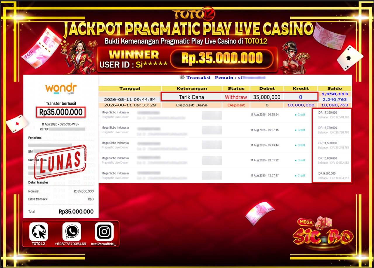 HANYA DI TOTO12 JP PASTI DI BAYAR LUNAS DAN CEPAT!!!!!! JACKPOT PRAGMATIC PLAY LIVE GAME CASINO (MEGA SICBO INDONESIA) Rp35.000.000!!!!