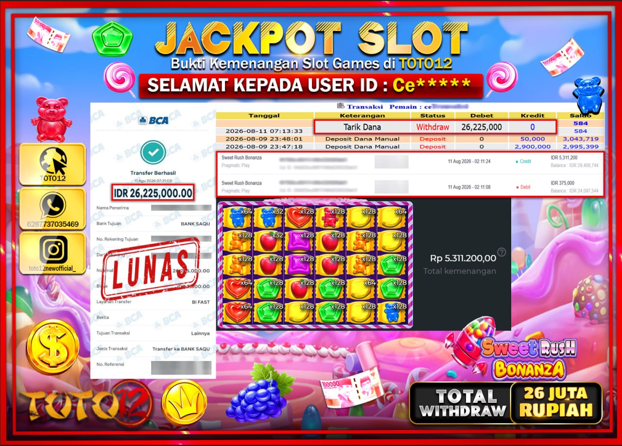 HANYA DI TOTO12 JP PASTI DI BAYAR LUNAS DAN CEPAT!!!!!! JACKPOT SLOT GAME (SWEET RUSH BONANZA) Rp26.225.000!!!!