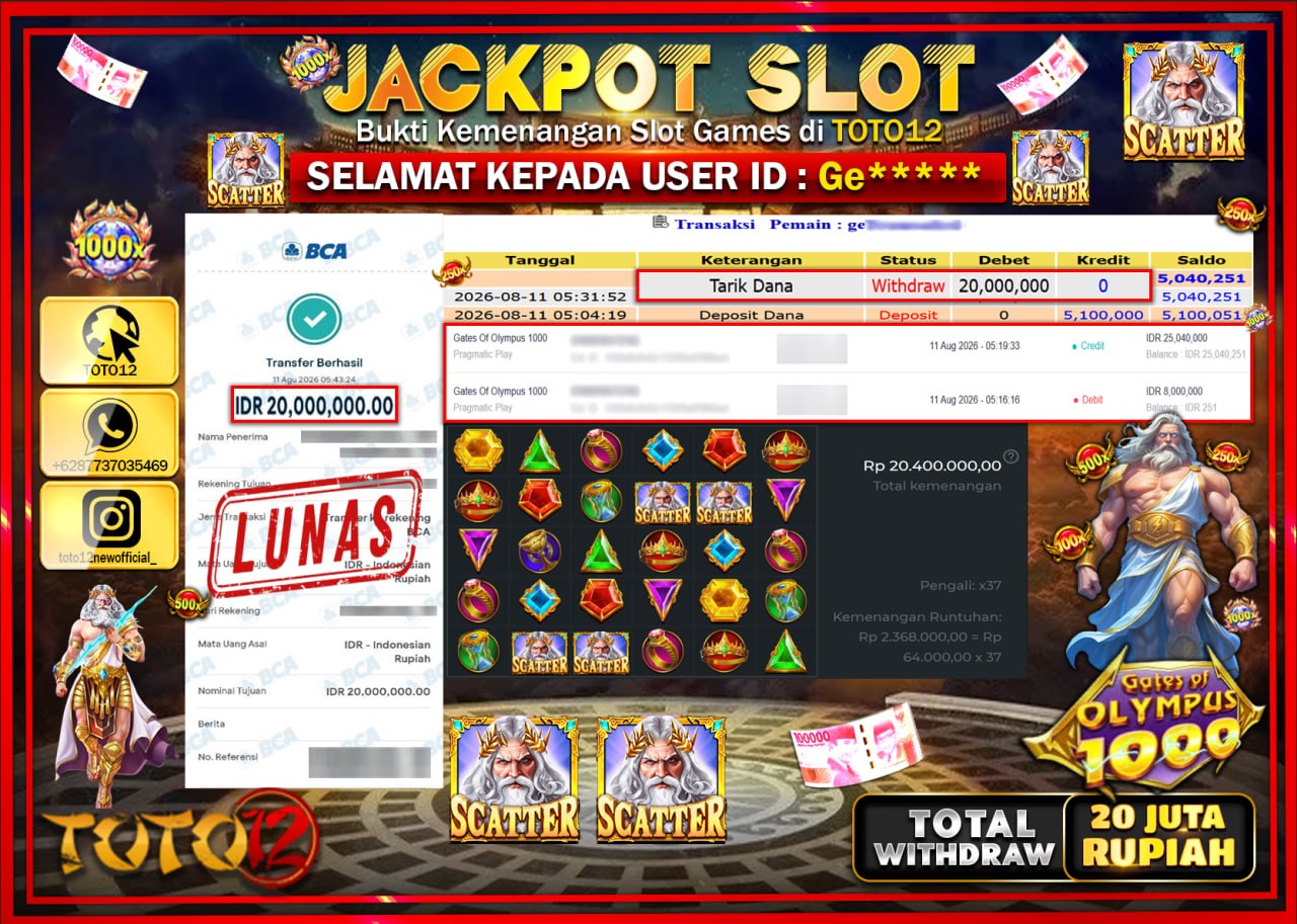 HANYA DI TOTO12 JP PASTI DI BAYAR LUNAS DAN CEPAT!!!!!! JACKPOT SLOT GAME (GATES OF OLYMPUS 1000) Rp20.000.000!!!!
