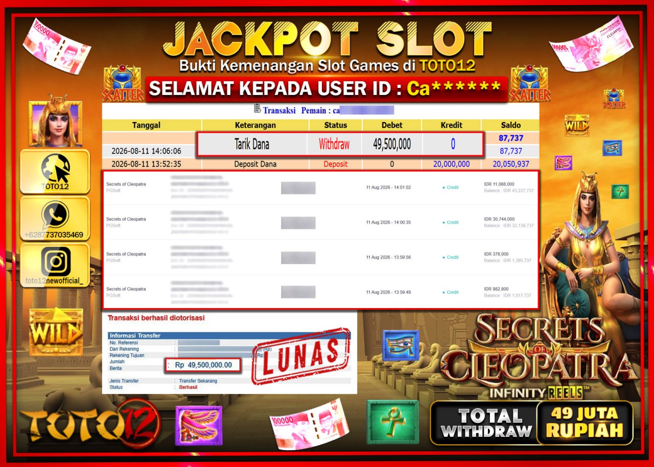 HANYA DI TOTO12 JP PASTI DI BAYAR LUNAS DAN CEPAT!!!!!! JACKPOT SLOT GAME (SECRETS OF CLEOPATRA) Rp49.500.000!!!!