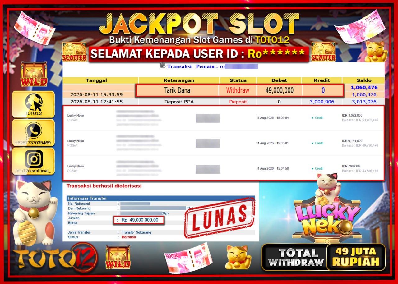 HANYA DI TOTO12 JP PASTI DI BAYAR LUNAS DAN CEPAT!!!!!! JACKPOT SLOT GAME (LUCKY NEKO) Rp49.000.000!!!!