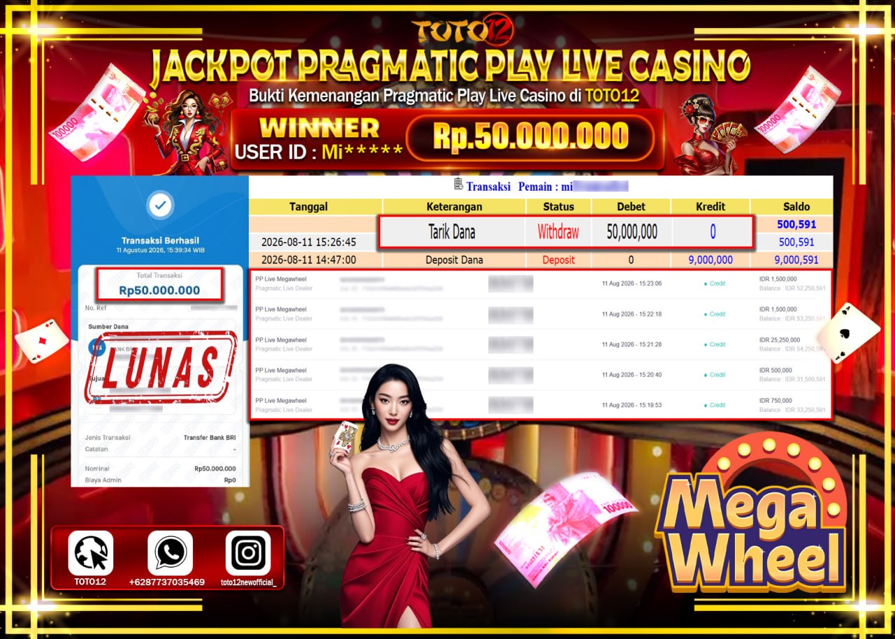 HANYA DI TOTO12 JP PASTI DI BAYAR LUNAS DAN CEPAT!!!!!! JACKPOT PRAGMATIC PLAY LIVE GAME CASINO (PP LIVE MEGAWHELL) Rp50.000.000!!!!