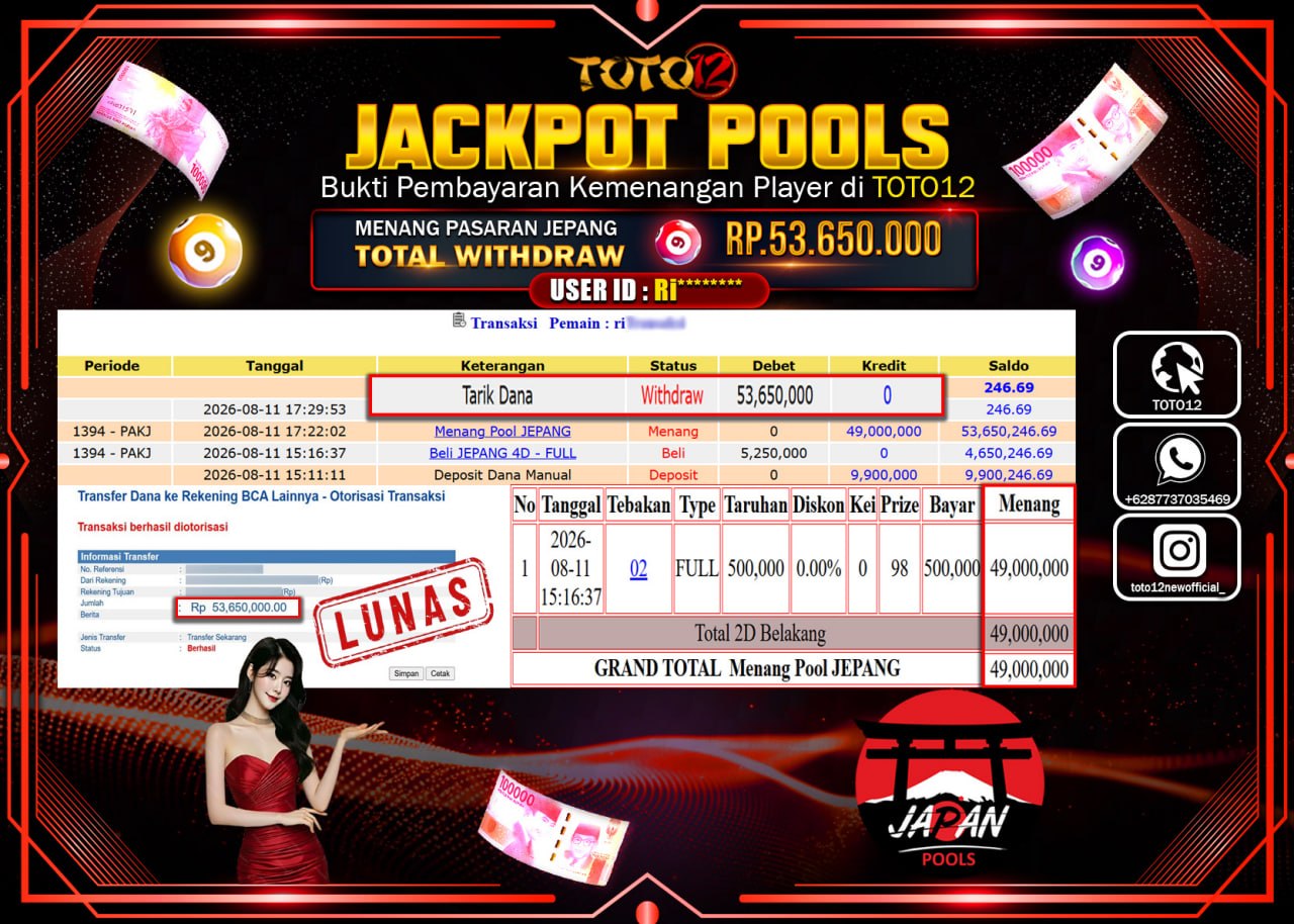 HANYA DI TOTO12 JP PASTI DI BAYAR LUNAS DAN CEPAT!!!!!! JACKPOT POOLS PASARAN (JEPANG) Rp53.650.000!!!!