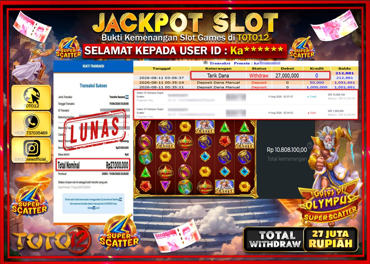 HANYA DI TOTO12 JP PASTI DI BAYAR LUNAS DAN CEPAT!!!!!! JACKPOT SLOT GAME (GATES OF OLYMPUS SUPER SCATTER) Rp27.000.000!!!!