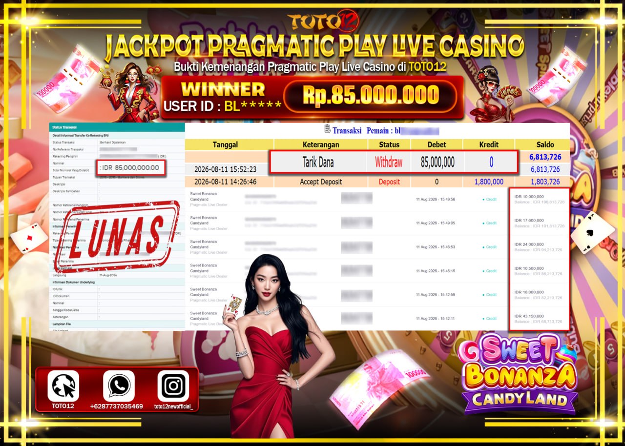 HANYA DI TOTO12 JP PASTI DI BAYAR LUNAS DAN CEPAT!!!!!! JACKPOT PRAGMATIC PLAY LIVE GAME CASINO (SWEET BONANZA CANDYLAND) Rp85.000.000!!!!