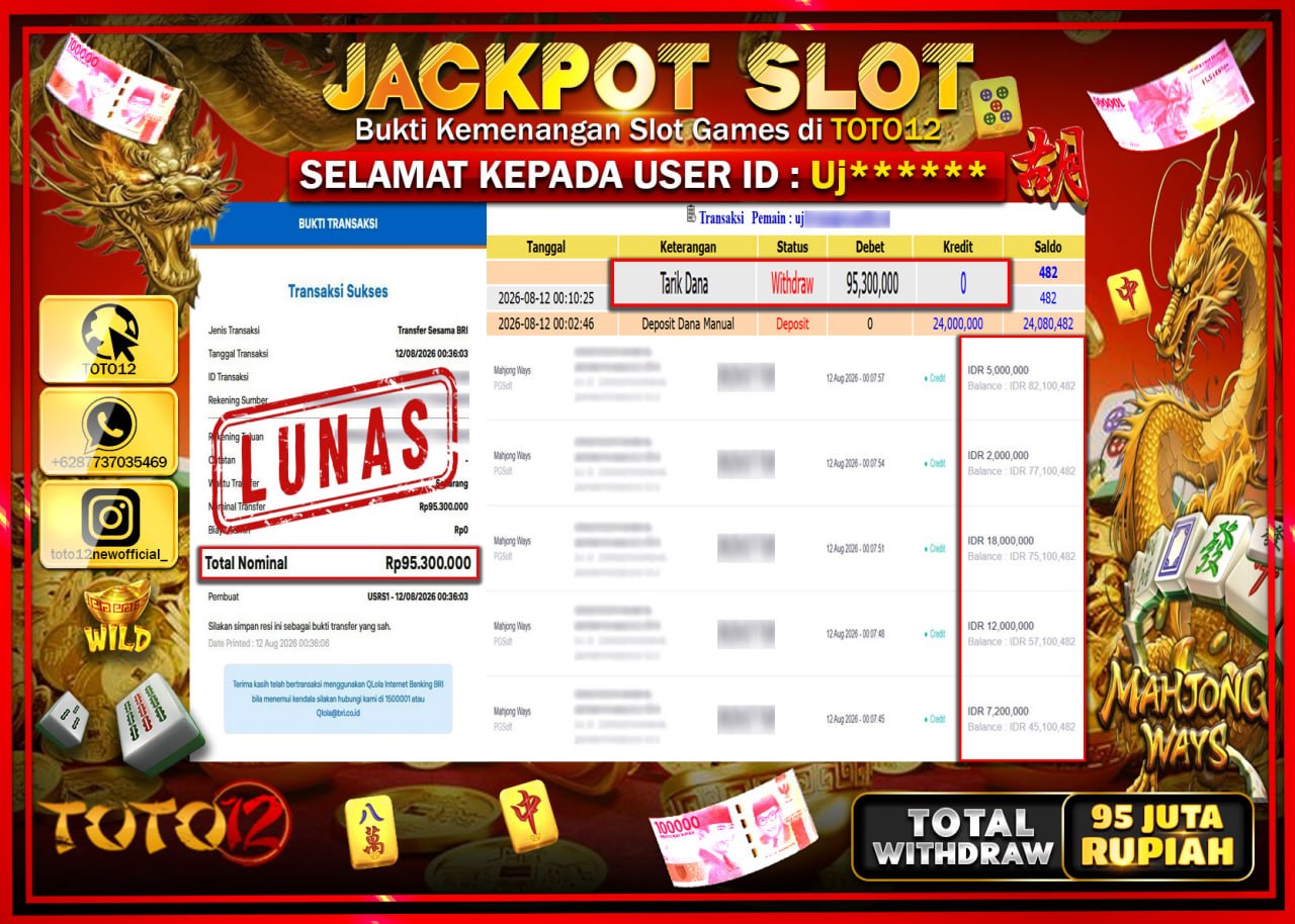 HANYA DI TOTO12 JP PASTI DI BAYAR LUNAS DAN CEPAT!!!!!! JACKPOT SLOT GAME (MAHJONG WAYS) Rp95.300.000!!!!