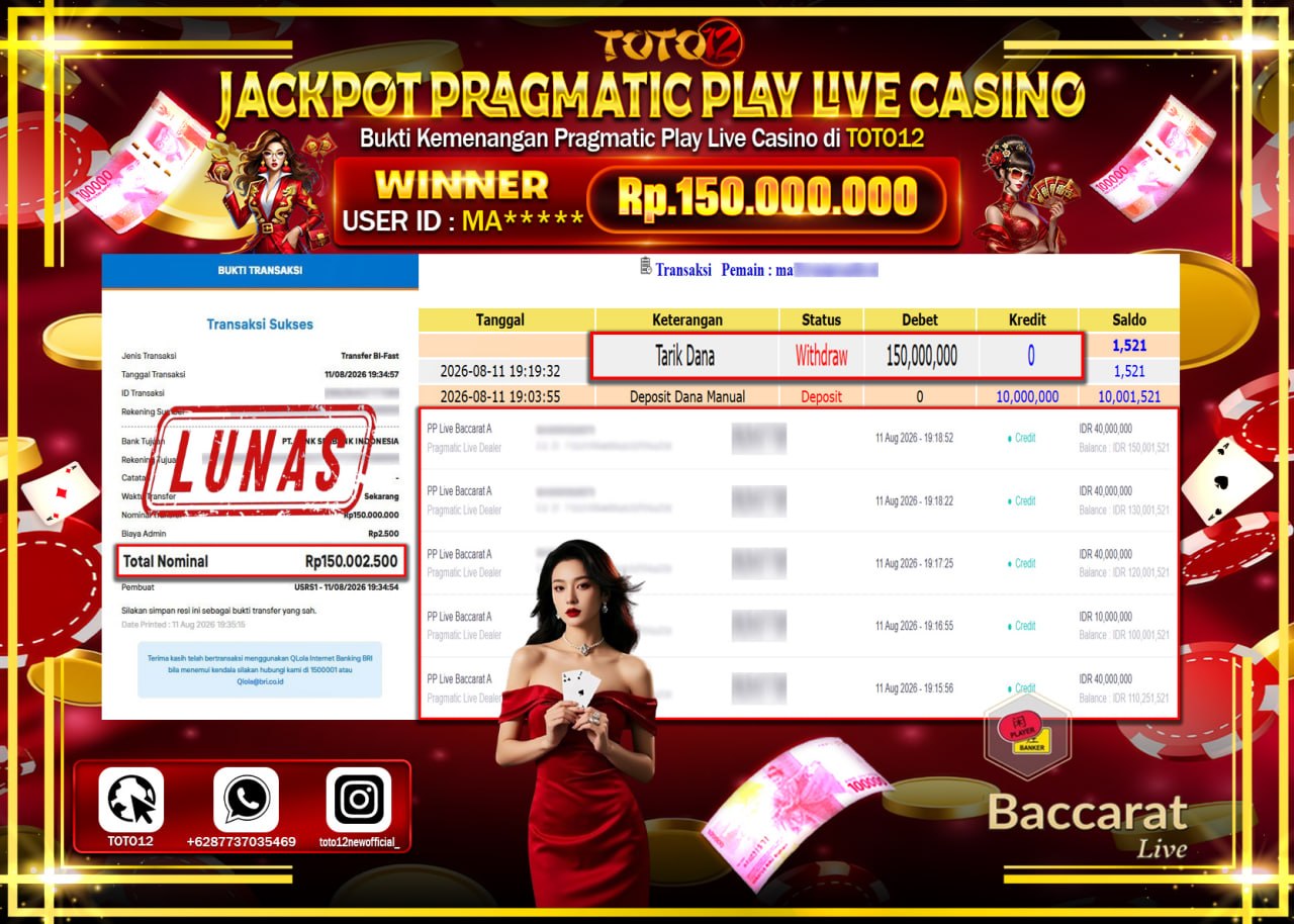 HANYA DI TOTO12 JP PASTI DI BAYAR LUNAS DAN CEPAT!!!!!! JACKPOT PRAGMATIC PLAY LIVE GAME CASINO (PP LIVE BACCARAT A) Rp150.000.000!!!!