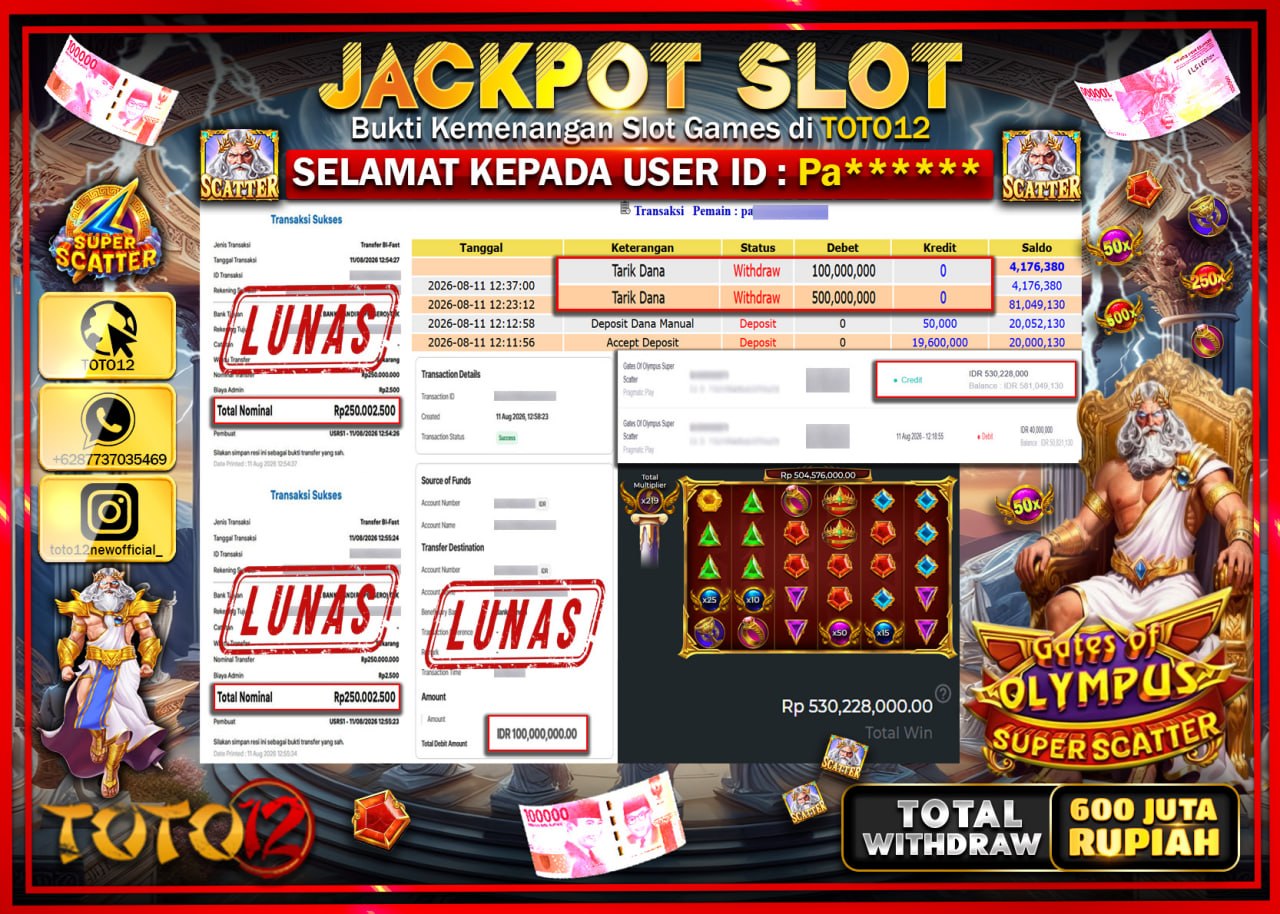 HANYA DI TOTO12 JP PASTI DI BAYAR LUNAS DAN CEPAT!!!!!! JACKPOT SLOT GAME (GATES OF OLYMPUS SUPER SCATTER) Rp600.000.000!!!!