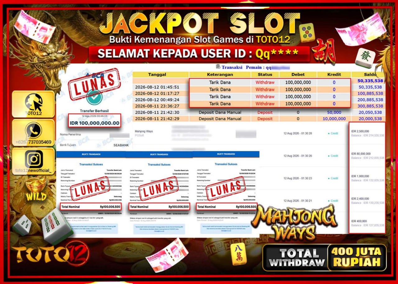 HANYA DI TOTO12 JP PASTI DI BAYAR LUNAS DAN CEPAT!!!!!! JACKPOT SLOT GAME (MAHJONG WAYS) Rp400.000.000!!!!