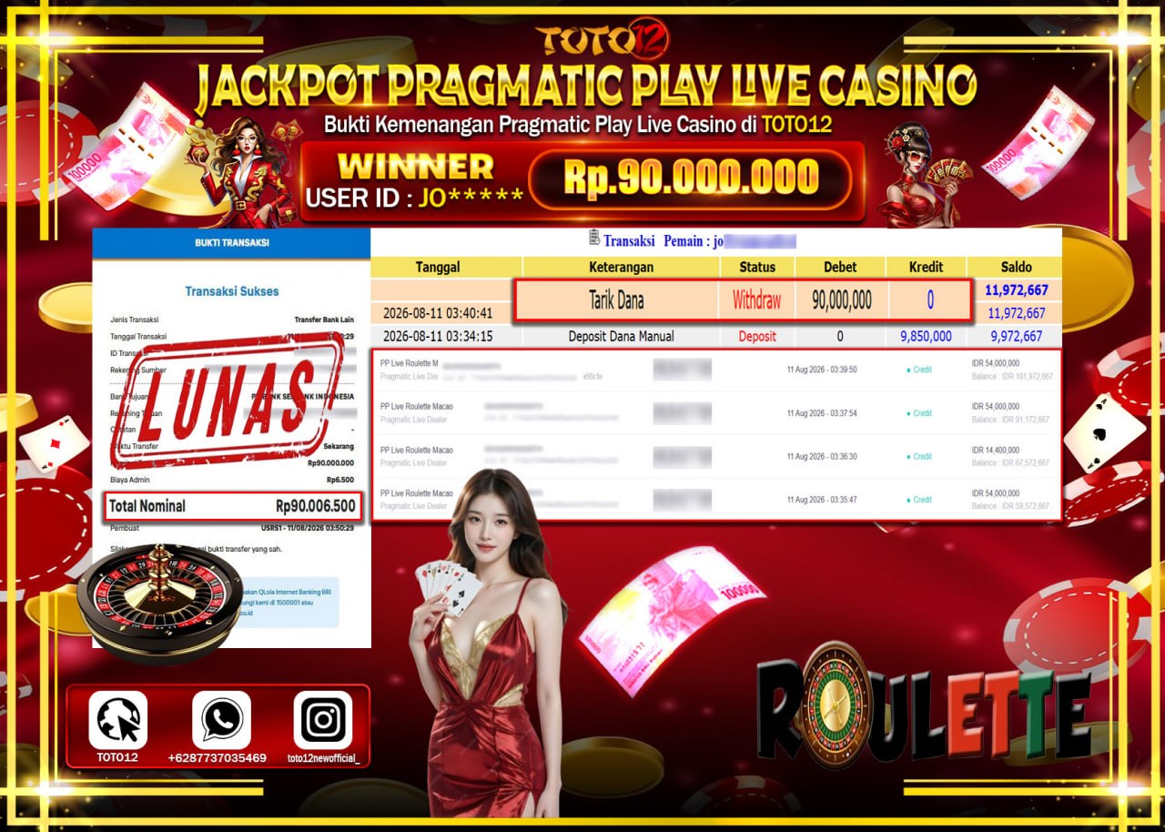 HANYA DI TOTO12 JP PASTI DI BAYAR LUNAS DAN CEPAT!!!!!! JACKPOT PRAGMATIC PLAY LIVE GAME CASINO (PP LIVE ROULETTE M) Rp90.000.000!!!!