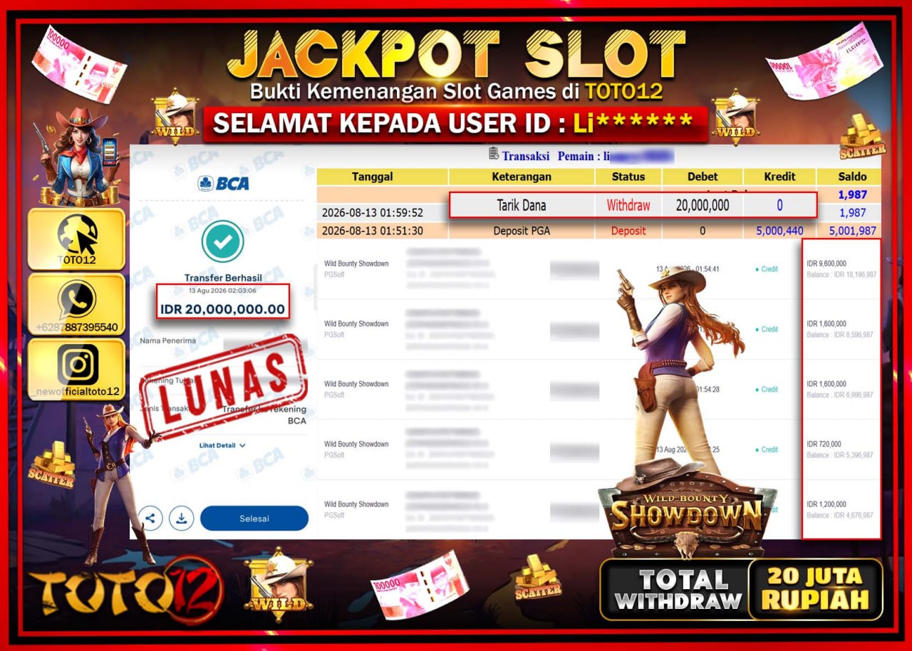 HANYA DI TOTO12 JP PASTI DI BAYAR LUNAS DAN CEPAT!!!!!! JACKPOT SLOT GAME (WILD BOUNTY SHOWDOWN) Rp20.000.000!!!!