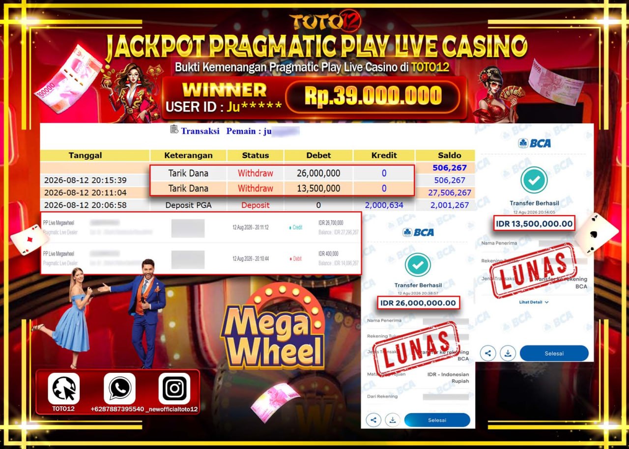 HANYA DI TOTO12 JP PASTI DI BAYAR LUNAS DAN CEPAT!!!!!! JACKPOT PRAGMATIC PLAY LIVE GAME CASINO (PP LIVE MEGAWHELL) Rp39.000.000!!!!