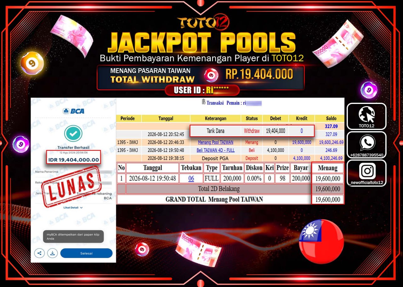 HANYA DI TOTO12 JP PASTI DI BAYAR LUNAS DAN CEPAT!!!!!! JACKPOT POOLS PASARAN (TAIWAN) Rp19.404.000!!!!