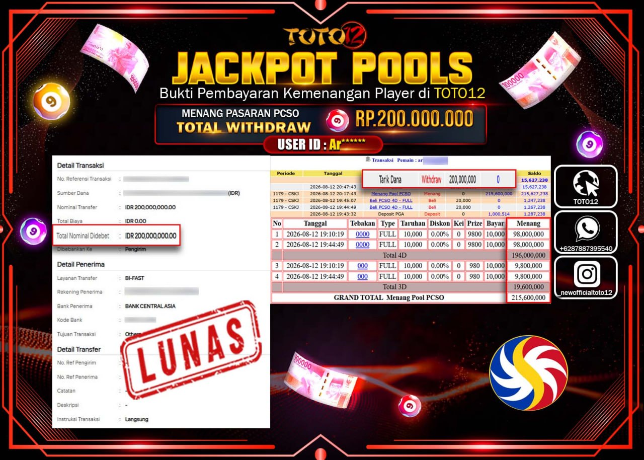 HANYA DI TOTO12 JP PASTI DI BAYAR LUNAS DAN CEPAT!!!!!! JACKPOT POOLS PASARAN (PCSO) Rp200.000.000!!!!