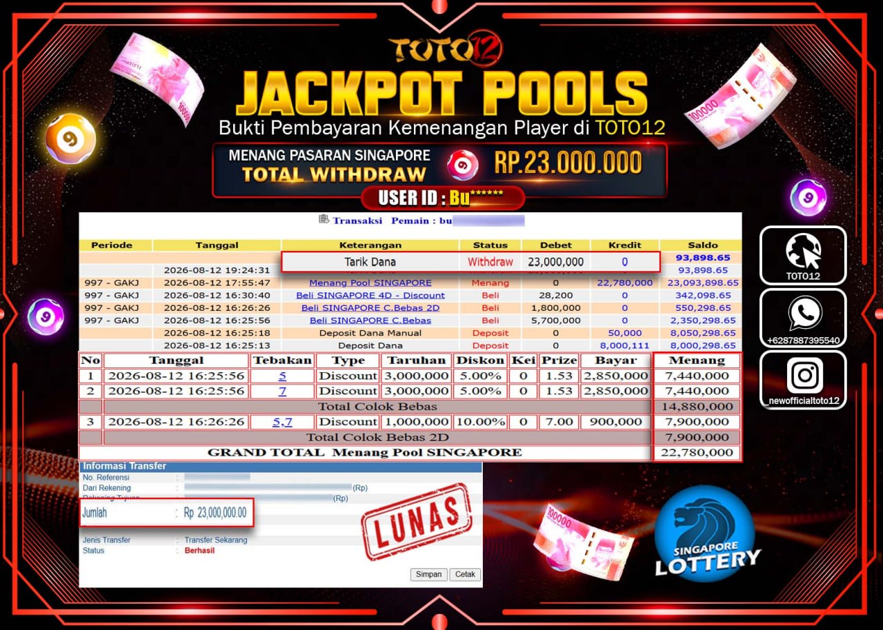HANYA DI TOTO12 JP PASTI DI BAYAR LUNAS DAN CEPAT!!!!!! JACKPOT POOLS PASARAN (SINGAPORE) Rp23.000.000!!!!