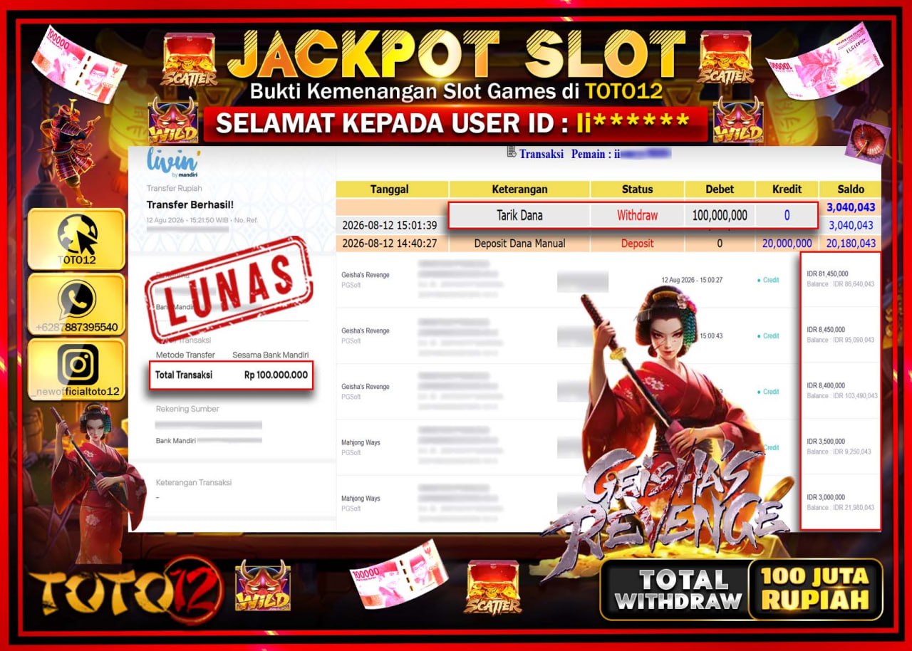 HANYA DI TOTO12 JP PASTI DI BAYAR LUNAS DAN CEPAT!!!!!! JACKPOT SLOT GAME (GEISHAS REVENGE) Rp100.000.000!!!!
