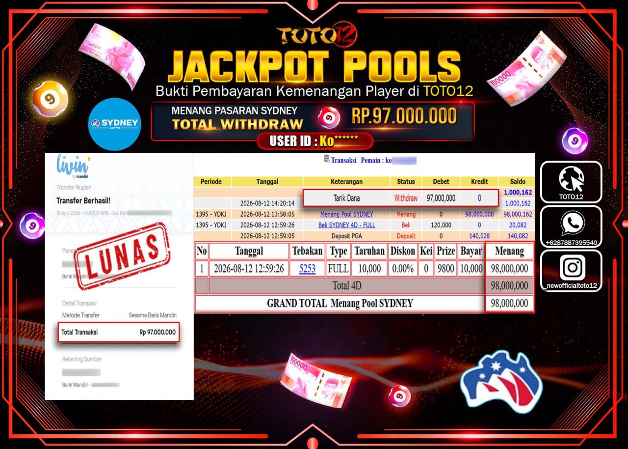 HANYA DI TOTO12 JP PASTI DI BAYAR LUNAS DAN CEPAT!!!!!! JACKPOT POOLS PASARAN (SYDNEY) Rp97.000.000!!!!