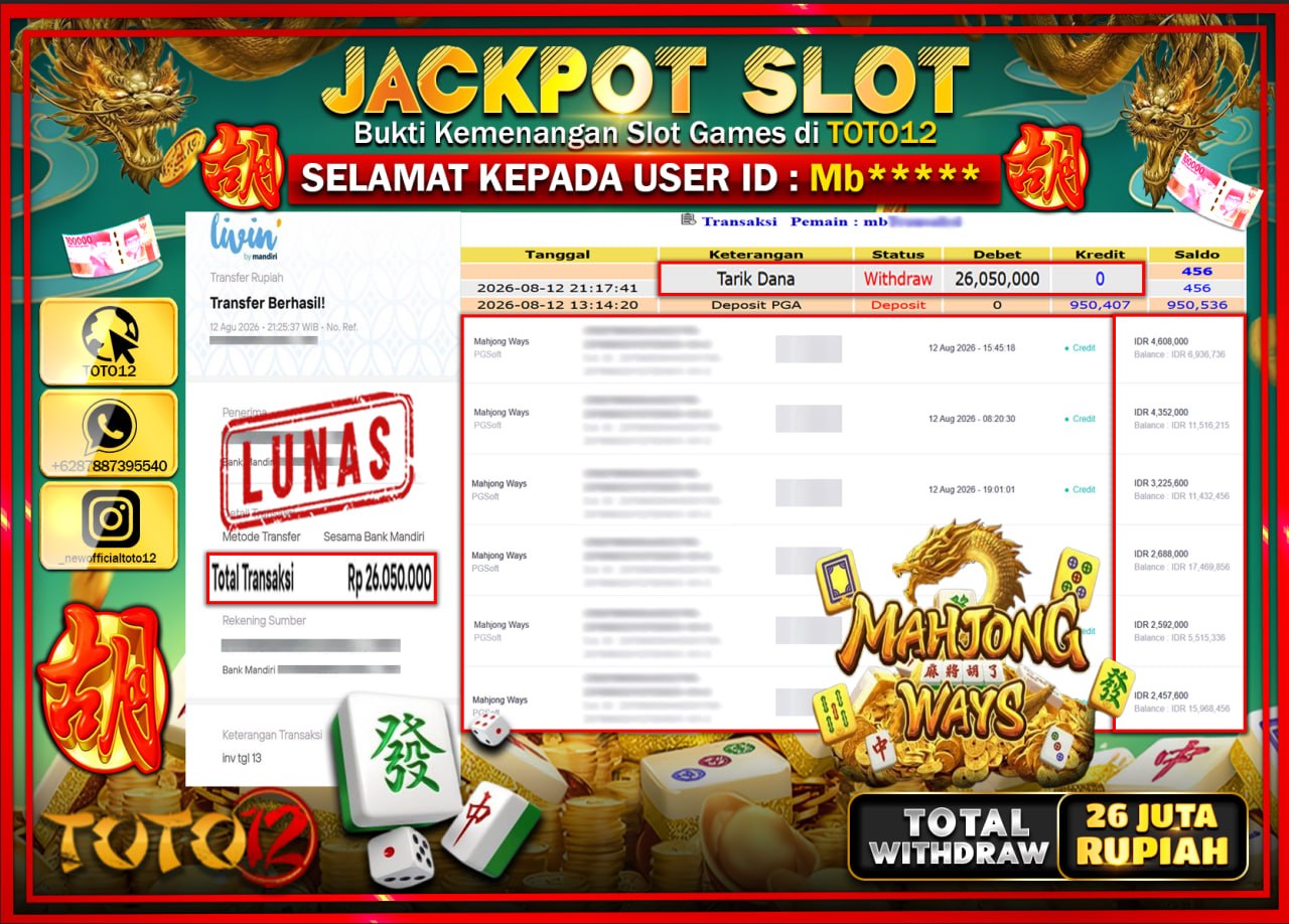 HANYA DI TOTO12 JP PASTI DI BAYAR LUNAS DAN CEPAT!!!!!! JACKPOT SLOT GAME (MAHJONG WAYS) Rp26.050.000!!!!