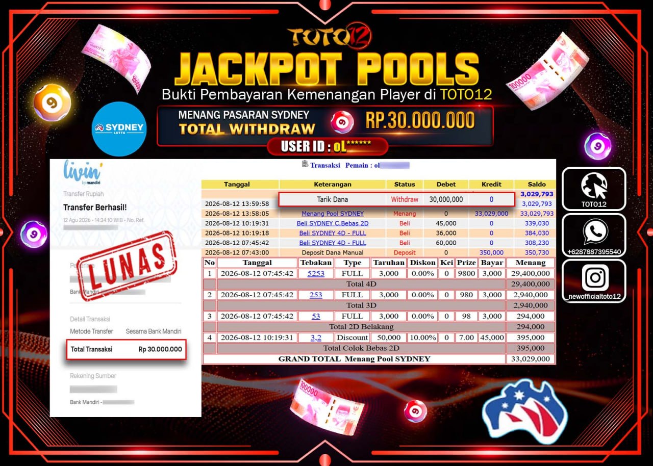 HANYA DI TOTO12 JP PASTI DI BAYAR LUNAS DAN CEPAT!!!!!! JACKPOT POOLS PASARAN (SYDNEY) Rp30.000.000!!!!