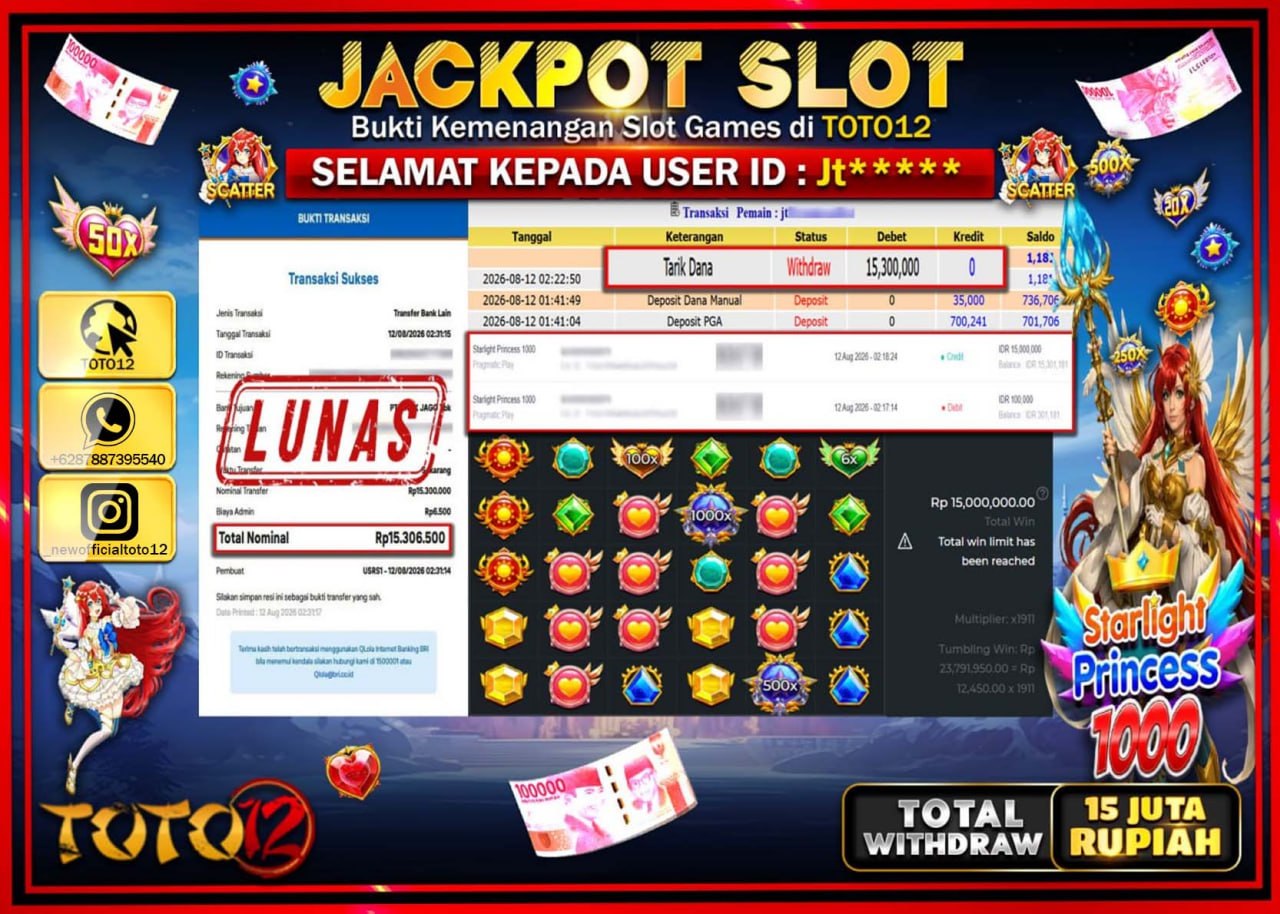 HANYA DI TOTO12 JP PASTI DI BAYAR LUNAS DAN CEPAT!!!!!! JACKPOT SLOT GAME (STARLIGHT PRINCESS 1000) Rp15.300.000!!!!