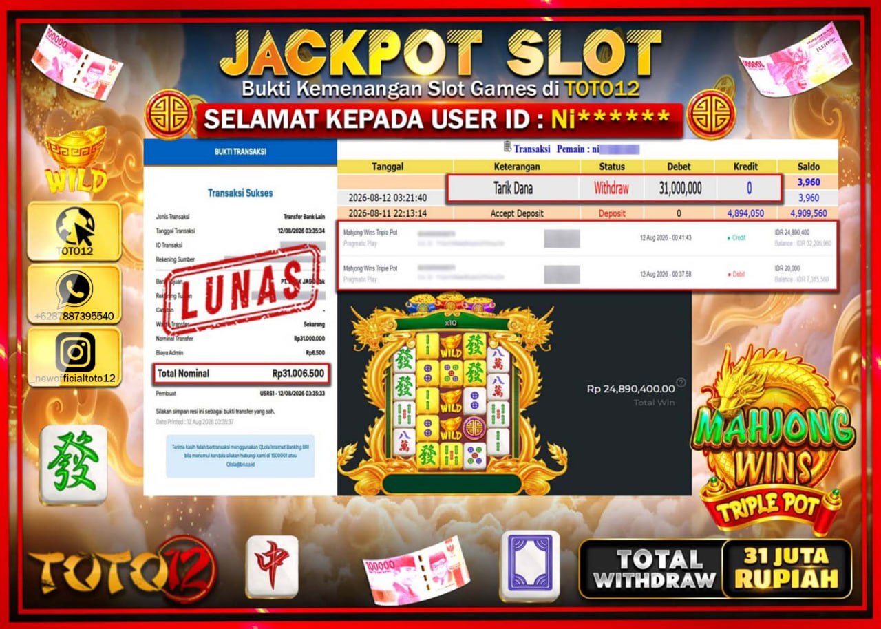 HANYA DI TOTO12 JP PASTI DI BAYAR LUNAS DAN CEPAT!!!!!! JACKPOT SLOT GAME (MAHJONG WAYS) Rp31.000.000!!!!