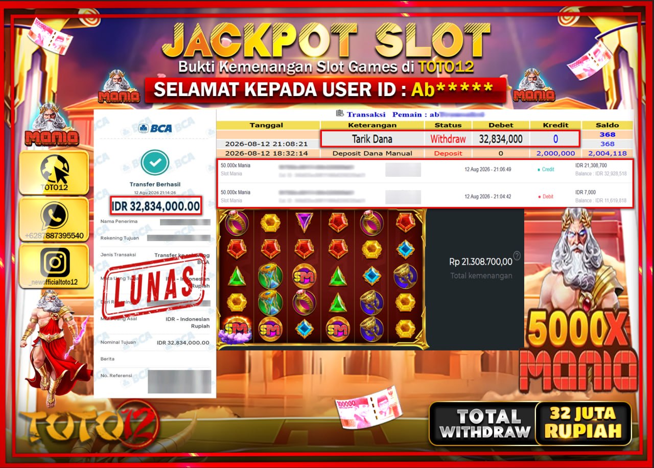 HANYA DI TOTO12 JP PASTI DI BAYAR LUNAS DAN CEPAT!!!!!! JACKPOT SLOT GAME (5000 X MANIA) Rp32.834.000!!!!