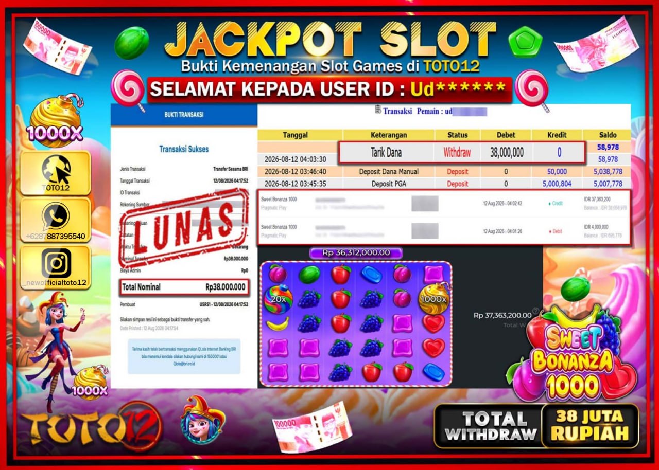 HANYA DI TOTO12 JP PASTI DI BAYAR LUNAS DAN CEPAT!!!!!! JACKPOT SLOT GAME (SWEET BONANZA 1000) Rp38.000.000!!!!