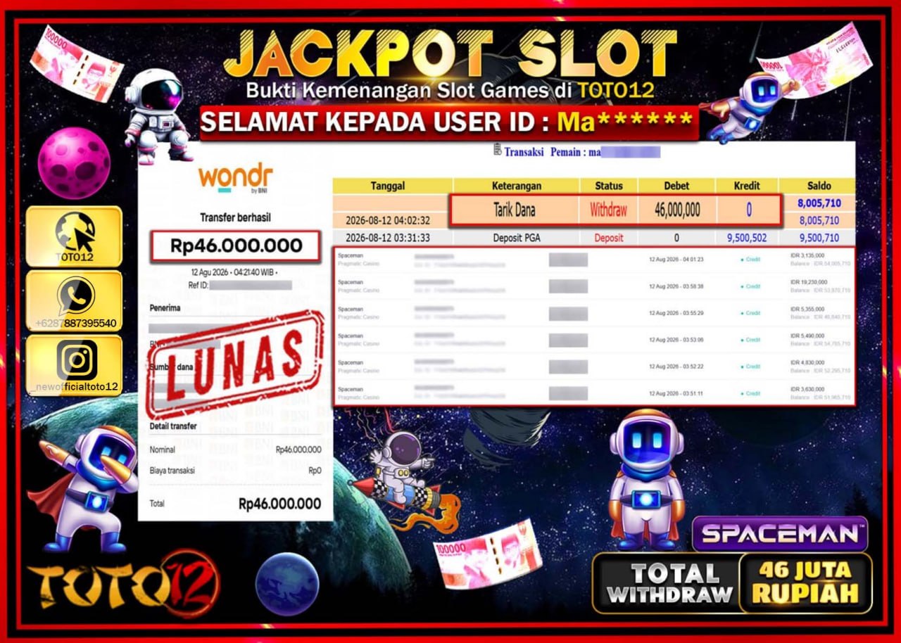 HANYA DI TOTO12 JP PASTI DI BAYAR LUNAS DAN CEPAT!!!!!! JACKPOT SLOT GAME (SPACEMAN) Rp46.000.000!!!!