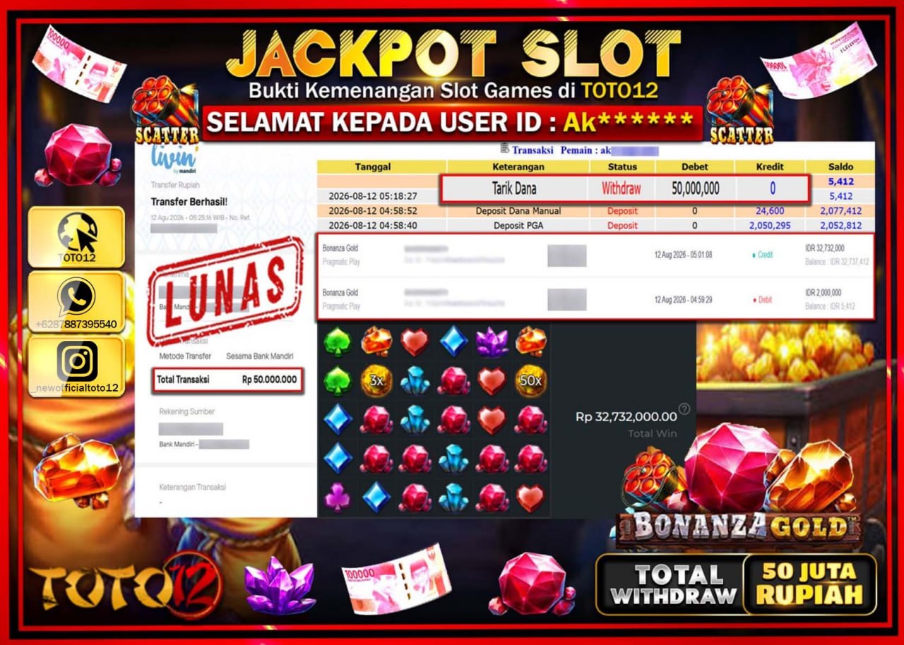 HANYA DI TOTO12 JP PASTI DI BAYAR LUNAS DAN CEPAT!!!!!! JACKPOT SLOT GAME (BONANZA GOLD) Rp50.000.000!!!!