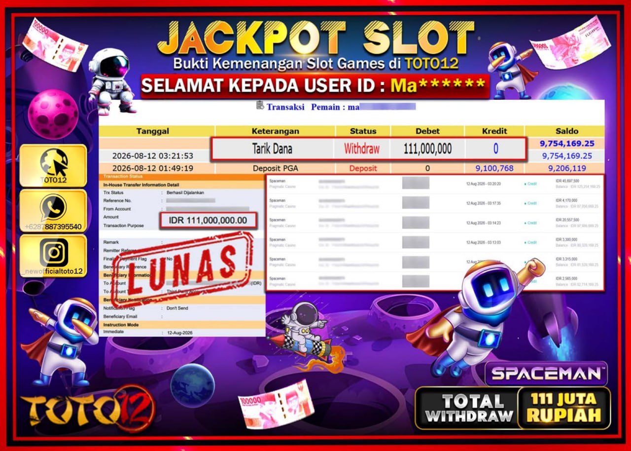 HANYA DI TOTO12 JP PASTI DI BAYAR LUNAS DAN CEPAT!!!!!! JACKPOT SLOT GAME (SPACEMAN) Rp111.000.000!!!!