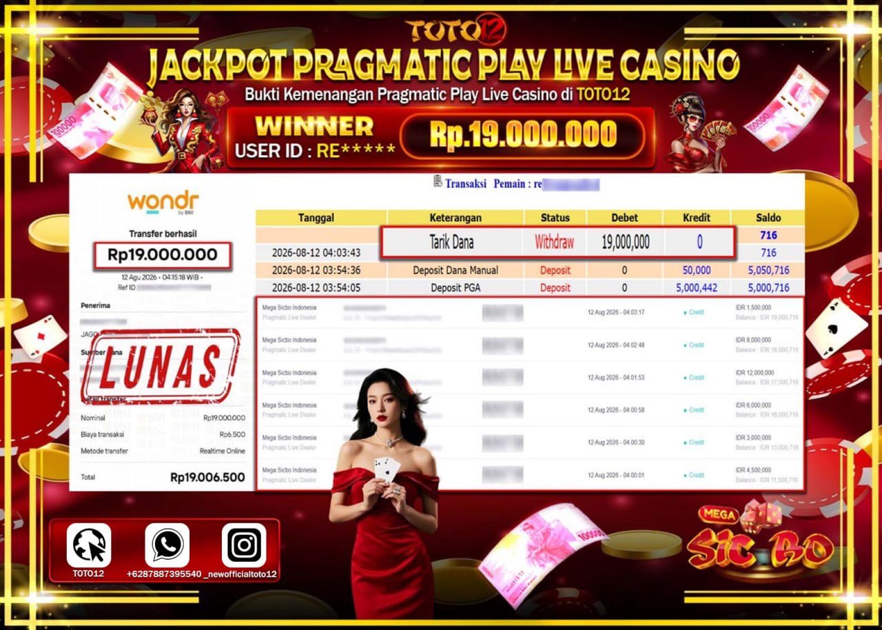 HANYA DI TOTO12 JP PASTI DI BAYAR LUNAS DAN CEPAT!!!!!! JACKPOT PRAGMATIC PLAY LIVE GAME CASINO (MEGA SICBO INDONESIA) Rp19.000.000!!!!