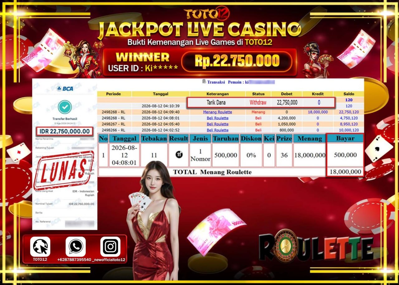 HANYA DI TOTO12 JP PASTI DI BAYAR LUNAS DAN CEPAT!!!!!! JACKPOT  LIVE GAME CASINO (ROULETTE) Rp22.750.000!!!!
