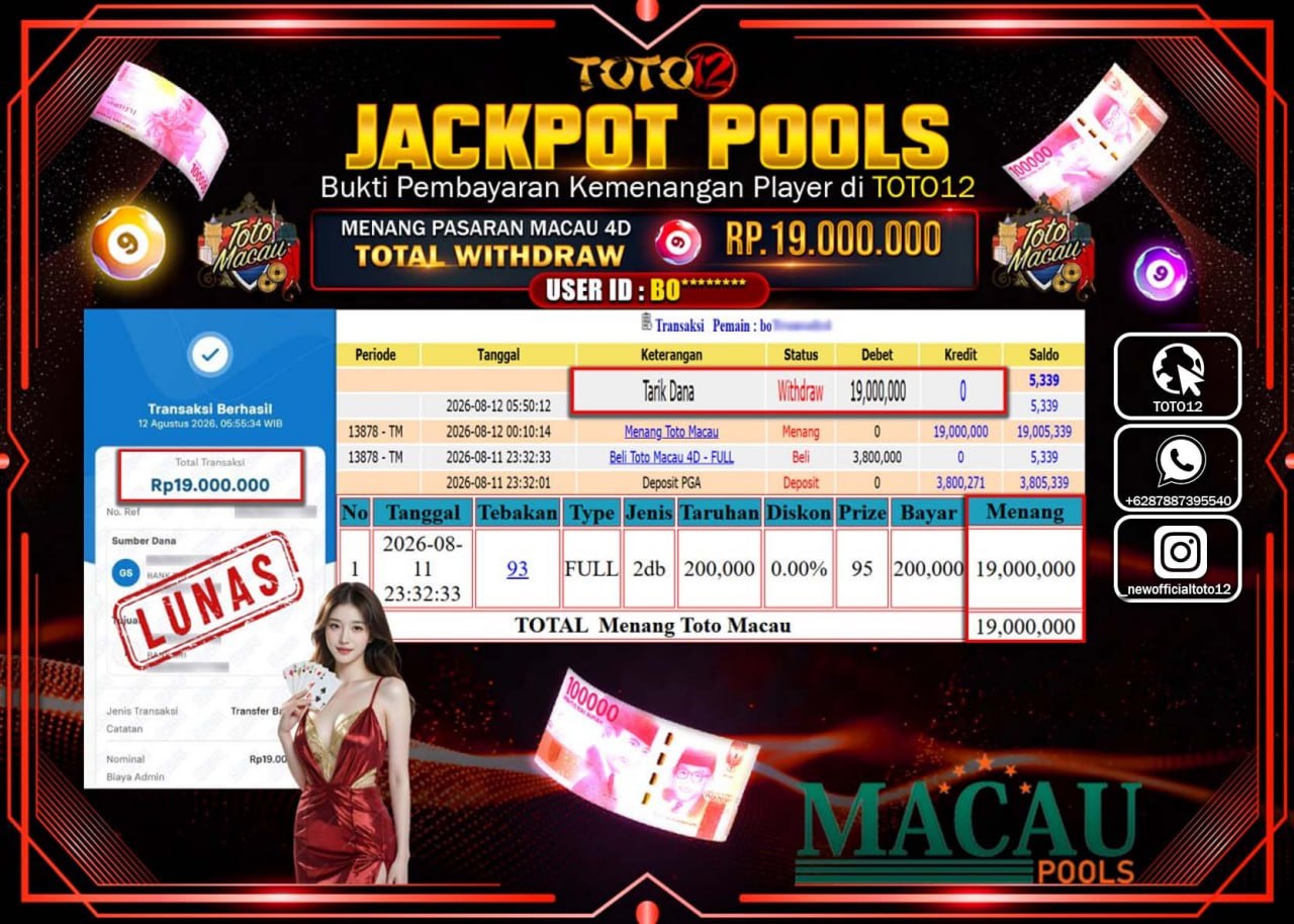 HANYA DI TOTO12 JP PASTI DI BAYAR LUNAS DAN CEPAT!!!!!! JACKPOT POOLS PASARAN (MACAU 4D) Rp19.000.000!!!!