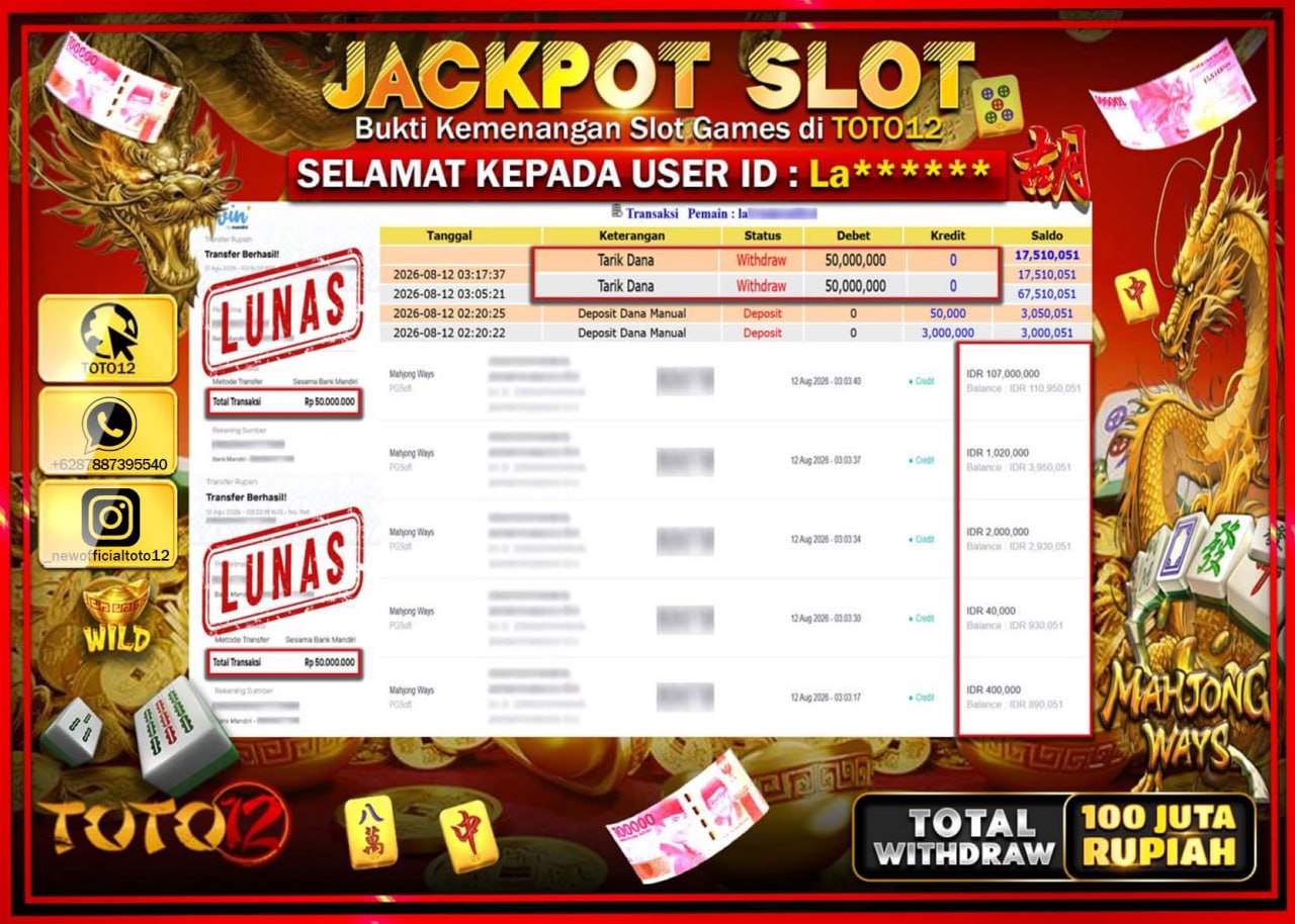 HANYA DI TOTO12 JP PASTI DI BAYAR LUNAS DAN CEPAT!!!!!! JACKPOT SLOT GAME (MAHJONG WAYS) Rp100.000.000!!!!