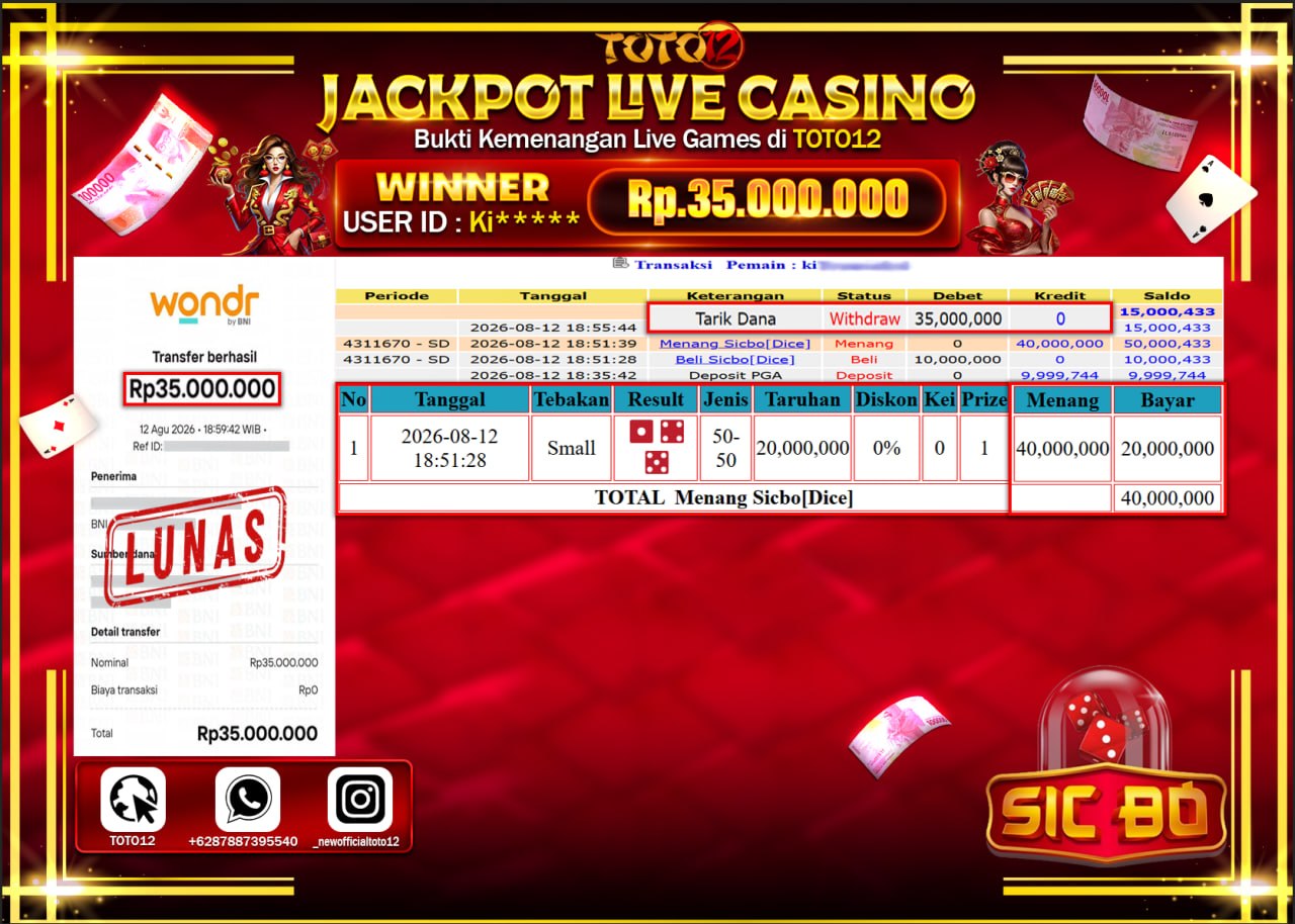 HANYA DI TOTO12 JP PASTI DI BAYAR LUNAS DAN CEPAT!!!!!! JACKPOT  LIVE GAME CASINO (SICBO) Rp35.000.000!!!!