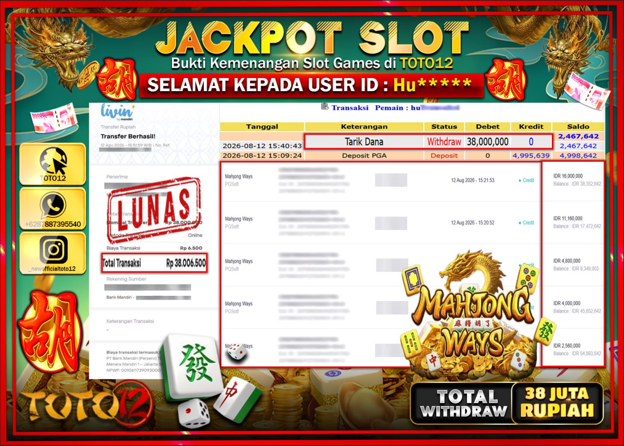 HANYA DI TOTO12 JP PASTI DI BAYAR LUNAS DAN CEPAT!!!!!! JACKPOT SLOT GAME (MAHJONG WAYS) Rp38.000.000!!!!