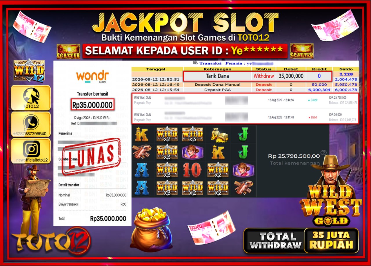 HANYA DI TOTO12 JP PASTI DI BAYAR LUNAS DAN CEPAT!!!!!! JACKPOT SLOT GAME (WILD WEST GOLD) Rp35.000.000!!!!