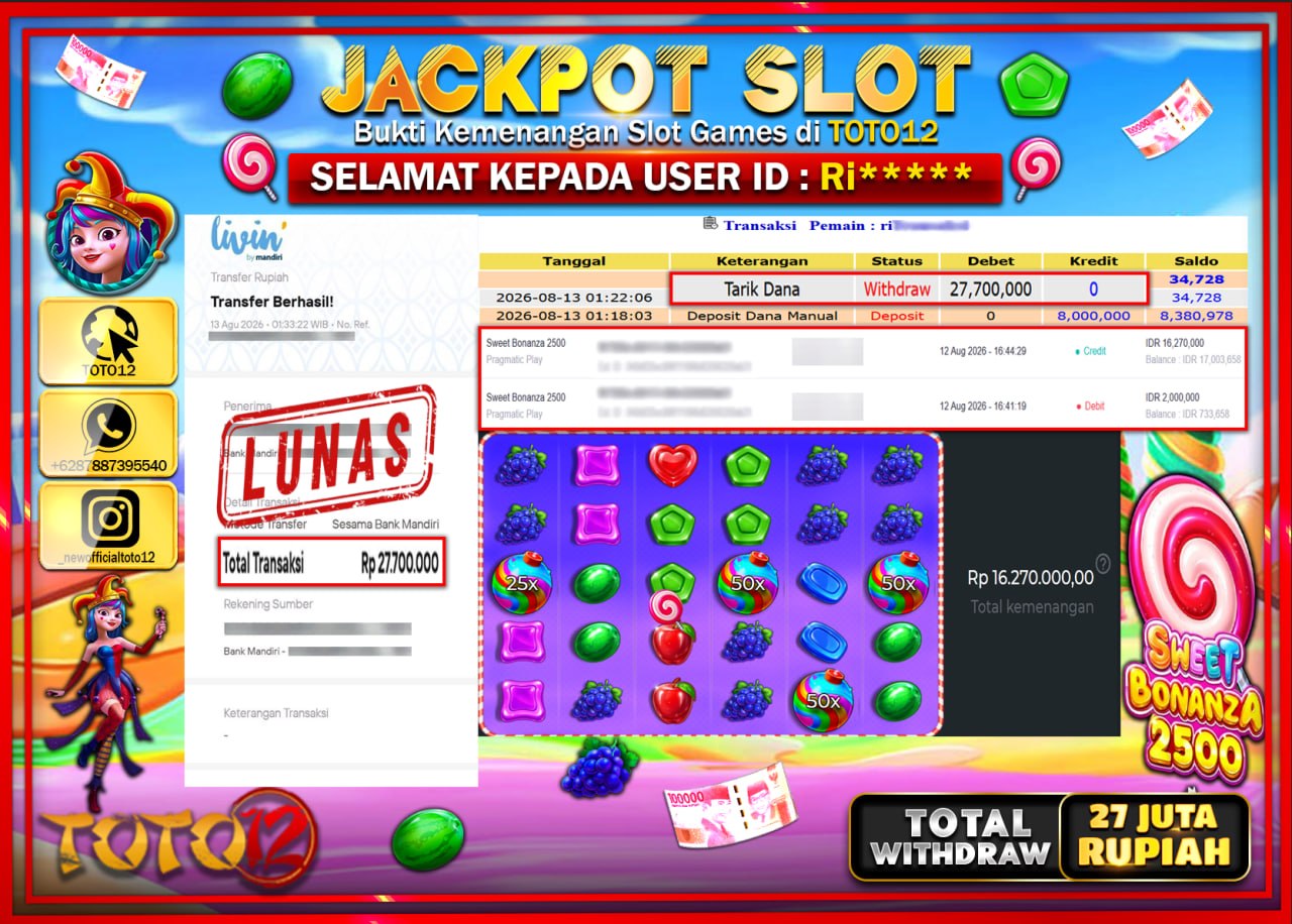 HANYA DI TOTO12 JP PASTI DI BAYAR LUNAS DAN CEPAT!!!!!! JACKPOT SLOT GAME (SWEET BONANZA 2500) Rp27.700.000!!!!
