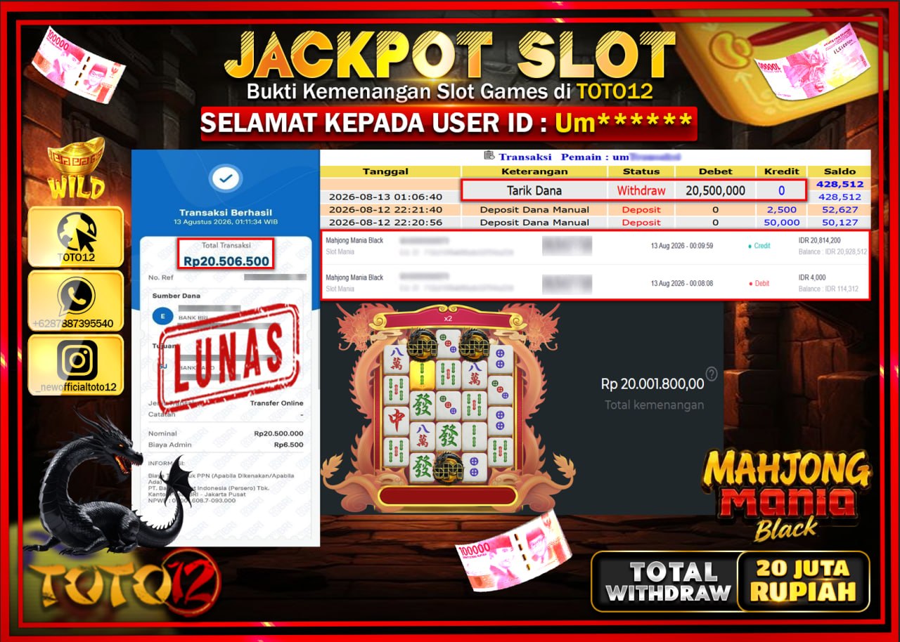 HANYA DI TOTO12 JP PASTI DI BAYAR LUNAS DAN CEPAT!!!!!! JACKPOT SLOT GAME (MAHJONG MANIA BLACK) Rp20.500.000!!!!