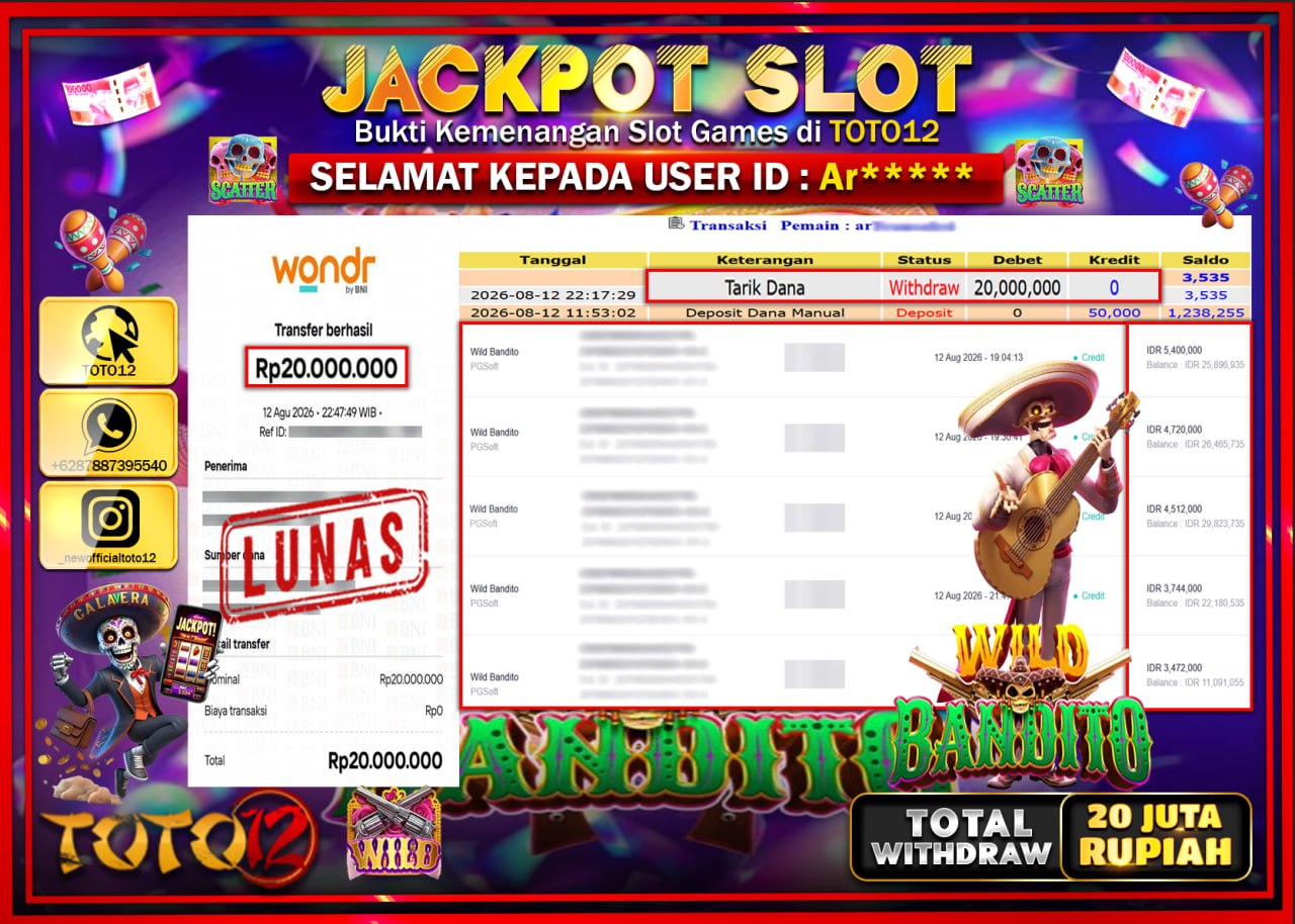HANYA DI TOTO12 JP PASTI DI BAYAR LUNAS DAN CEPAT!!!!!! JACKPOT SLOT GAME (WILD BANDITO) Rp20.000.000!!!!