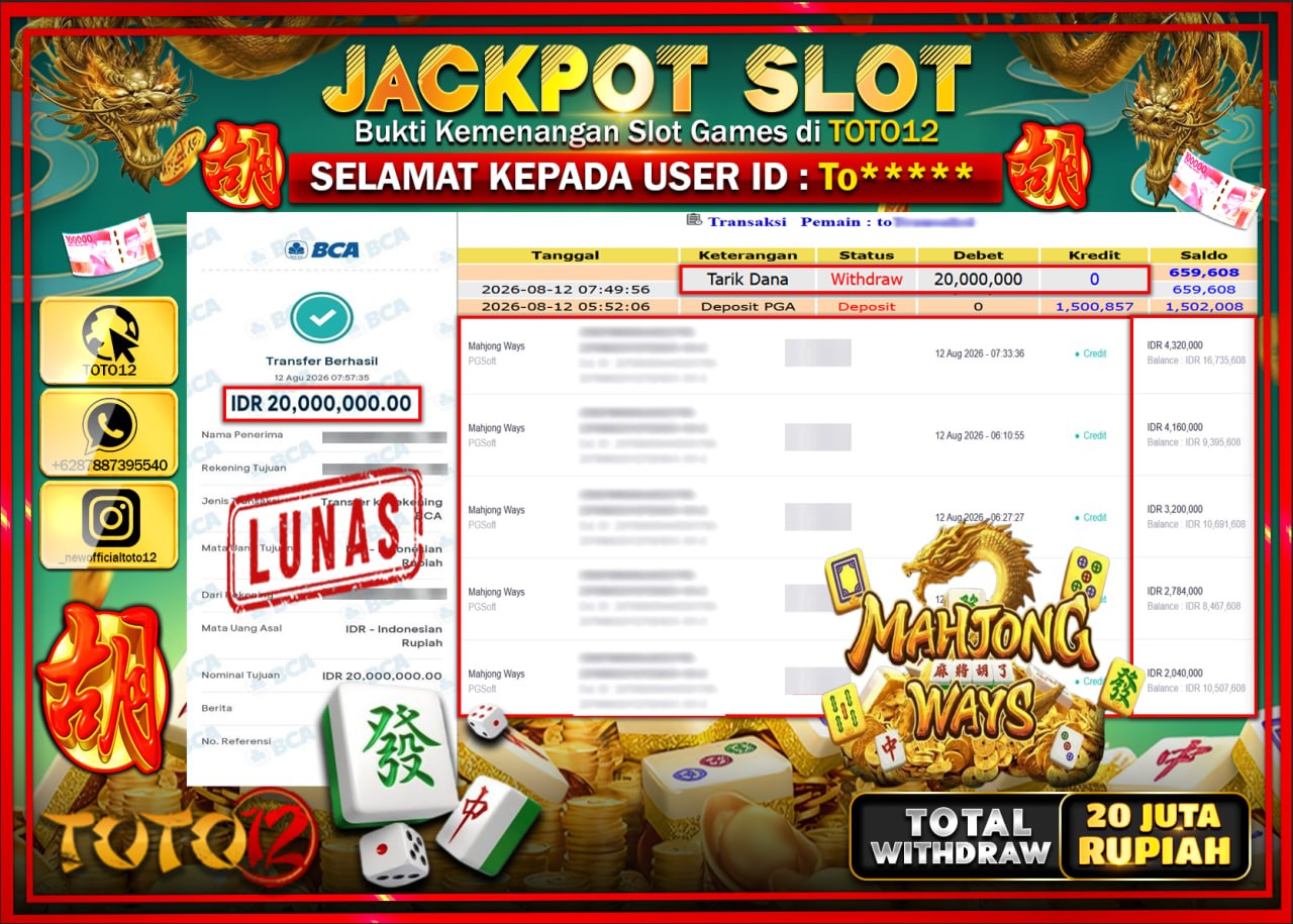 HANYA DI TOTO12 JP PASTI DI BAYAR LUNAS DAN CEPAT!!!!!! JACKPOT SLOT GAME (MAHJONG WAYS) Rp20.000.000!!!!