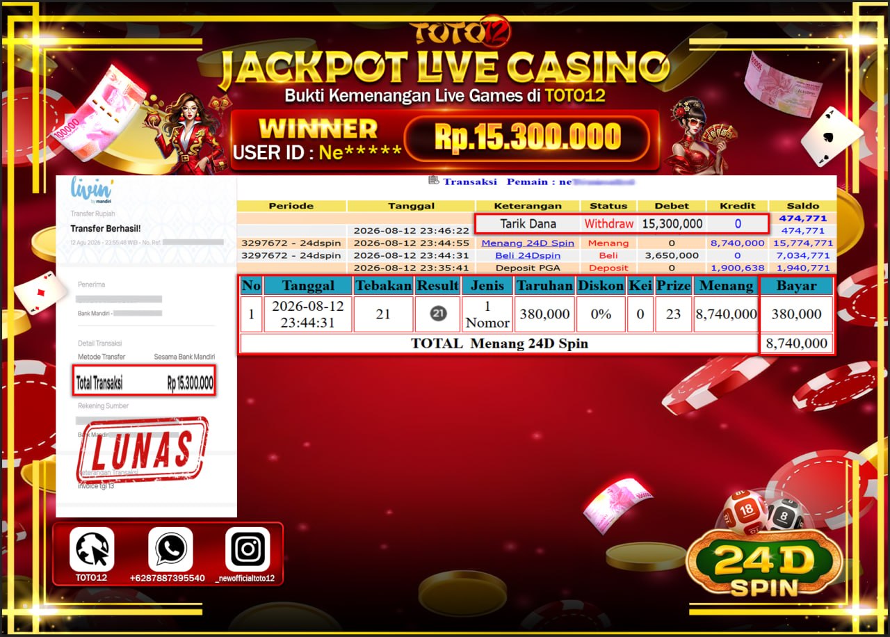 HANYA DI TOTO12 JP PASTI DI BAYAR LUNAS DAN CEPAT!!!!!! JACKPOT  LIVE GAME CASINO (24D) Rp15.300.000!!!!