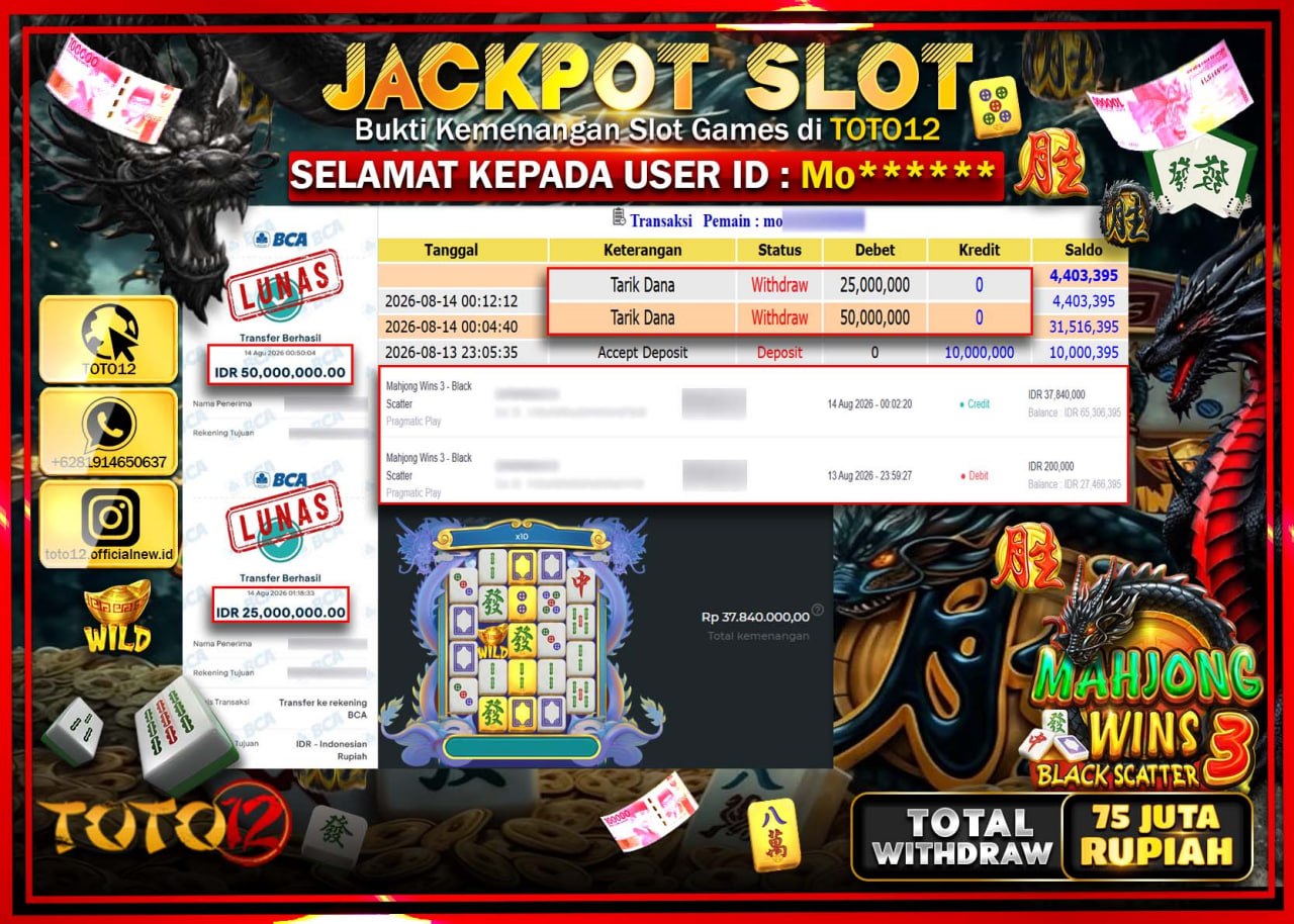 HANYA DI TOTO12 JP PASTI DI BAYAR LUNAS DAN CEPAT!!!!!! JACKPOT SLOT GAME (MAHJONG WINS 3 BLACK SCATTER) Rp75.000.000!!!!