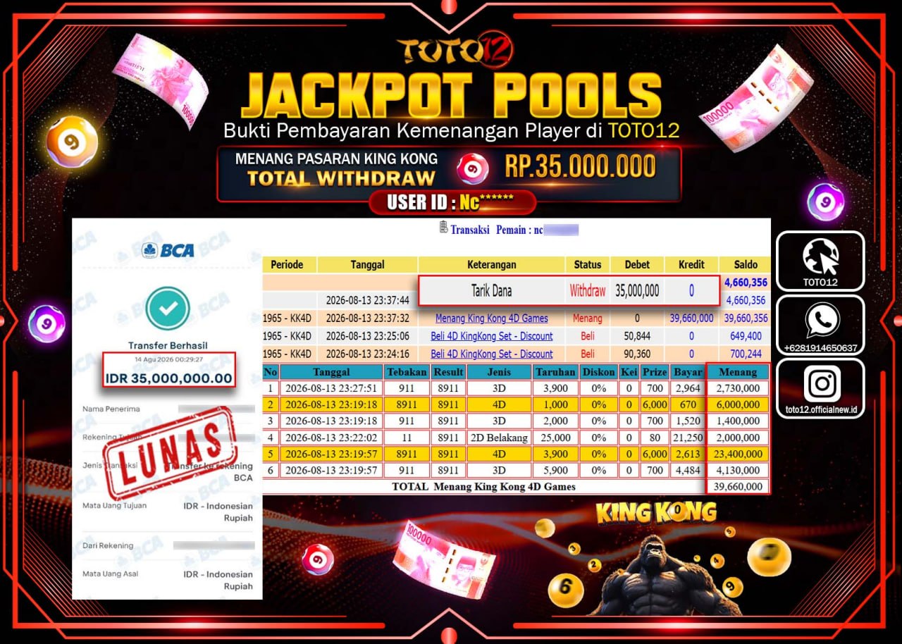 HANYA DI TOTO12 JP PASTI DI BAYAR LUNAS DAN CEPAT!!!!!! JACKPOT POOLS PASARAN (KING KONG) Rp35.000.000!!!!