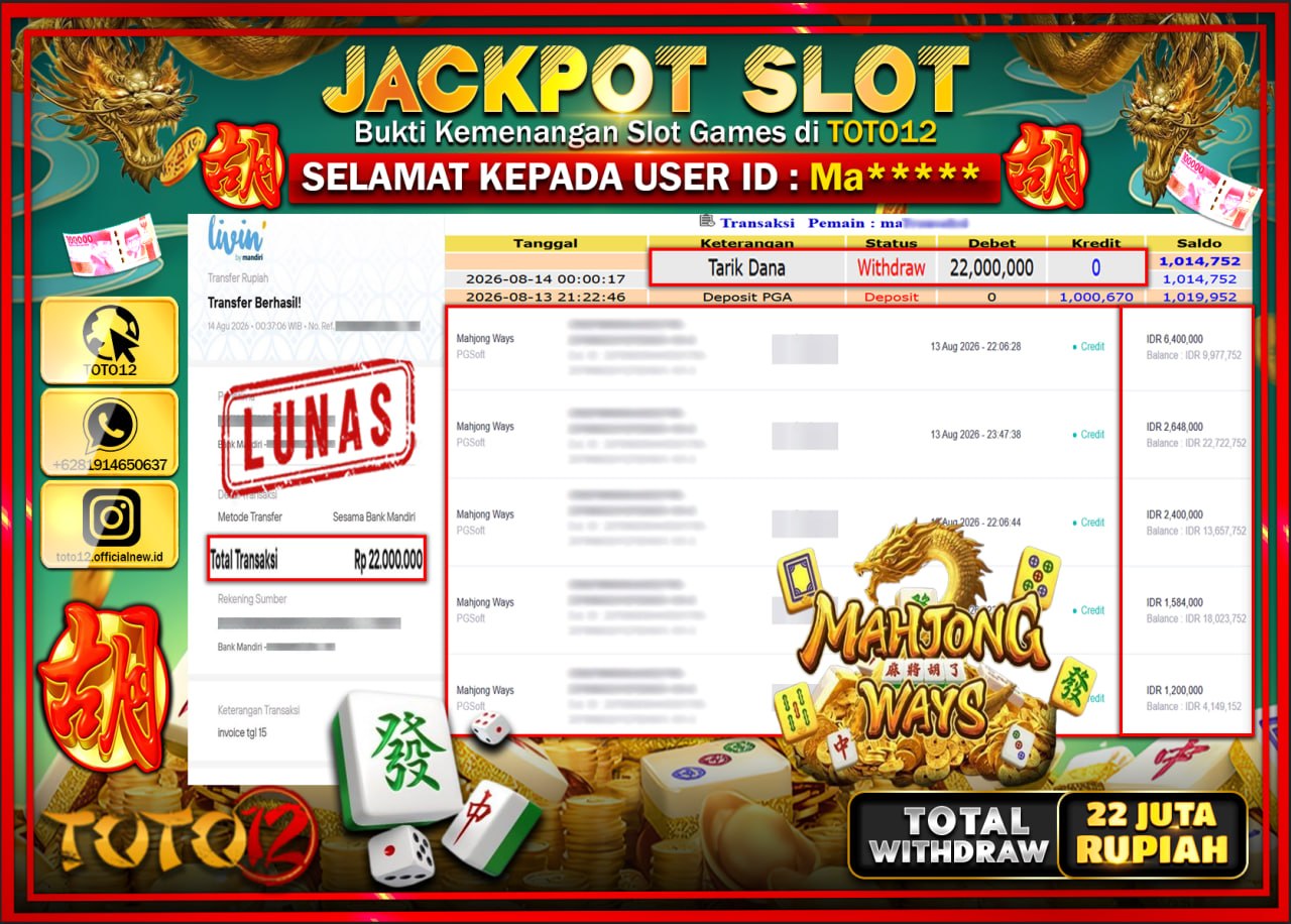 HANYA DI TOTO12 JP PASTI DI BAYAR LUNAS DAN CEPAT!!!!!! JACKPOT SLOT GAME (MAHJONG WAYS) Rp22.000.000!!!!